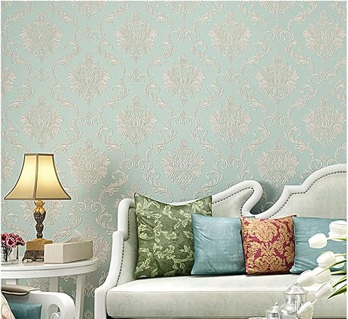 Miniatura 4 de Papel tapiz victoriano de damasco en relieve para despegar y pegar para dormitorio, baño, sala de estar, decoración del hogar (azul claro, 20.9 in x