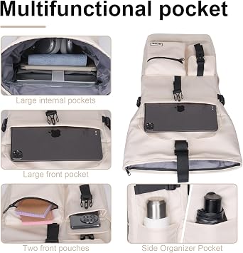 28 L Roll Top Backpack Mens, Large Waterproof Rucksack Womens, School Bag with Laptop Compartment 17 inch, Waterproof Backpack for Travelling Rucksack for University bag Business Sports, Beige