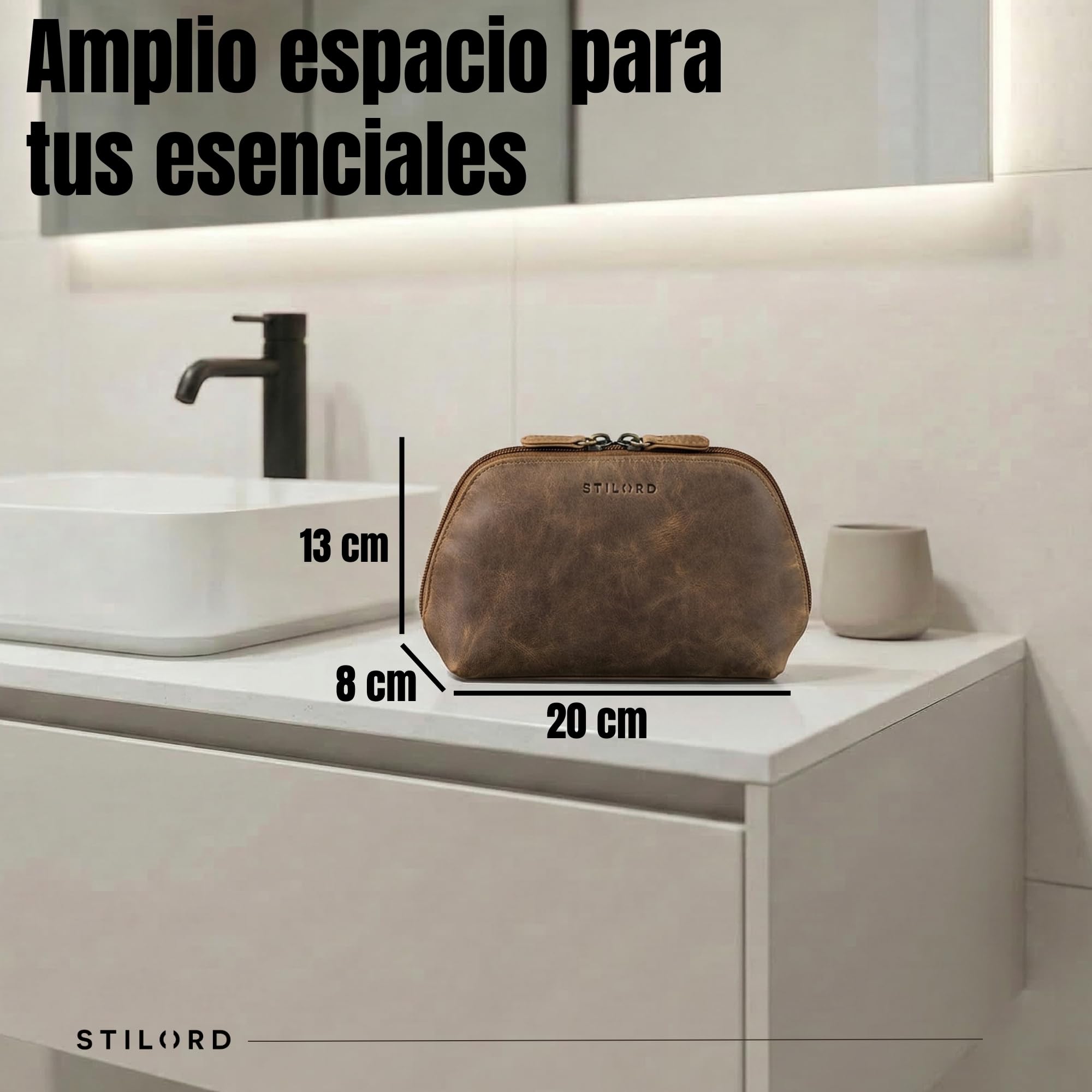 STILORD Elma Neceser Mujer Piel Neceser Hombre | Bolsa de Aseo Pequeña de Cuero Auténtico Organizador de Cosméticos para Viaje Color:marrón - Medio