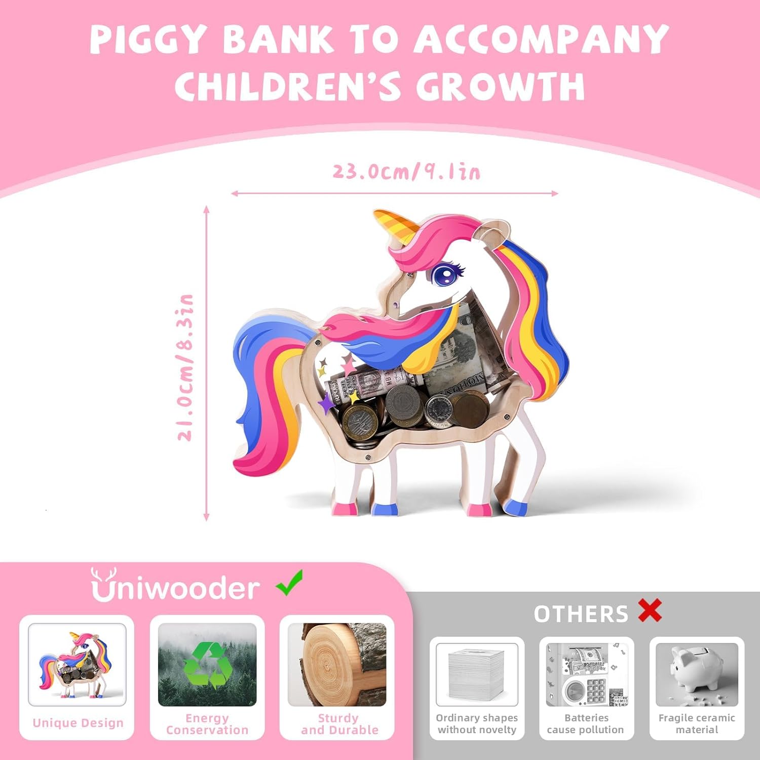 Wooden Unicorn Piggy Bank for Kids, Unbreakable Unicorn Girls Coin Bank with Letter Sticker, Large Cashbox Money Jar Personalizable Birthday Gifts, Educational Toys for Girls, Toddlers, Boys