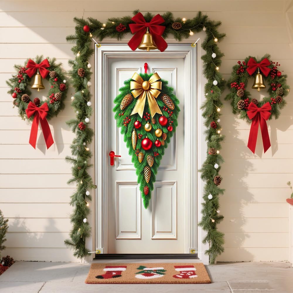 Pine Swag Gold Bow Christmas Door Cover 35x70in Elegant Xmas