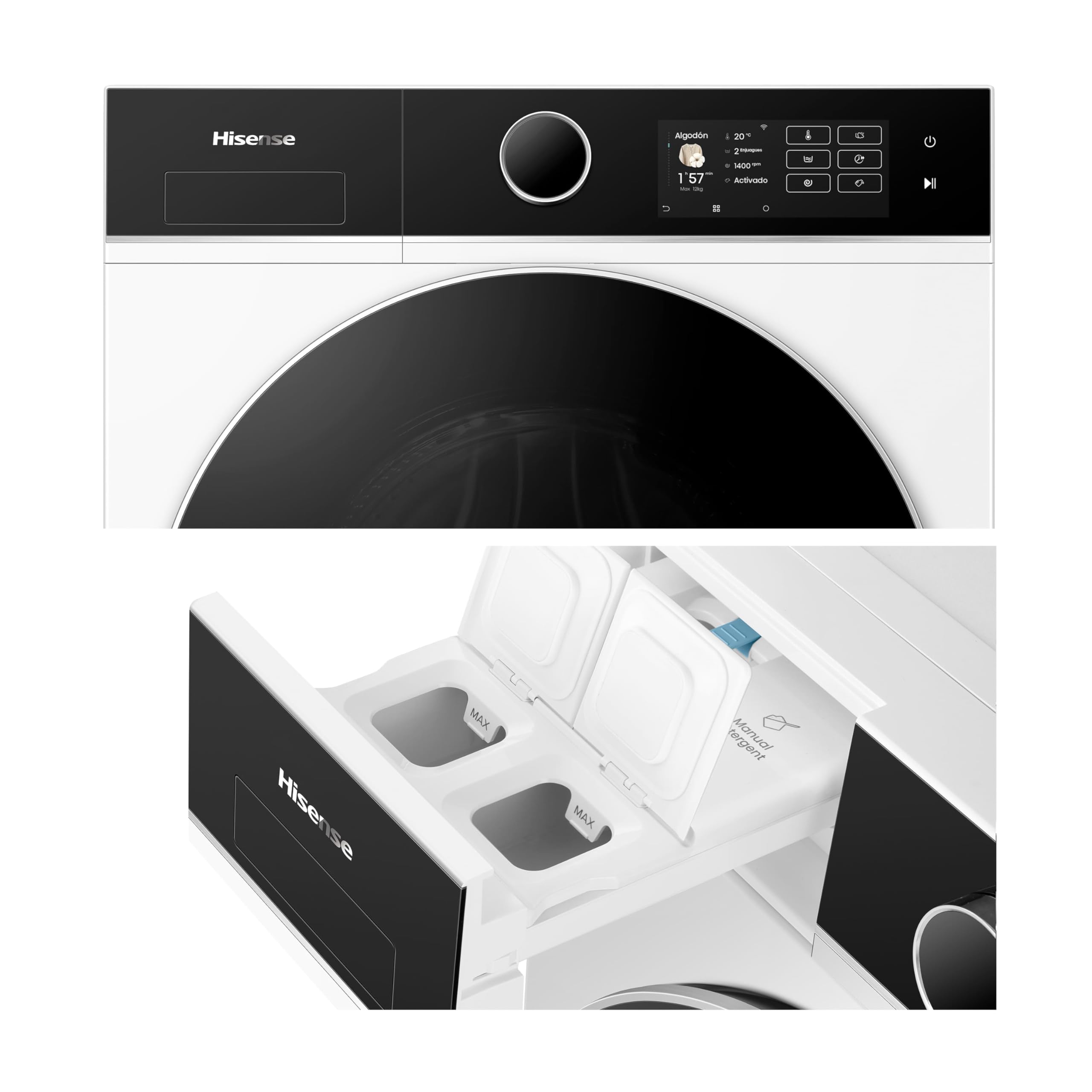 Hisense WF5I1245BWR - Lavadora 12 Kg, Clase A-40%, 1400 rpm, AutoDose, puerta cristal, fondo reducido 59,5cm, ancho 59,5cm, alto 84,5cm - Color Blanco