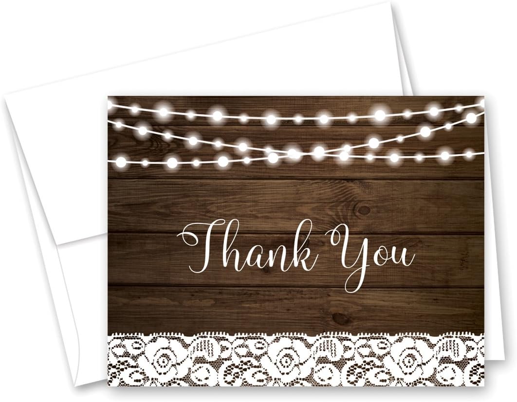 MyExpression.com 50 Lace on Rustic Wood Thank You Cards + Envelopes