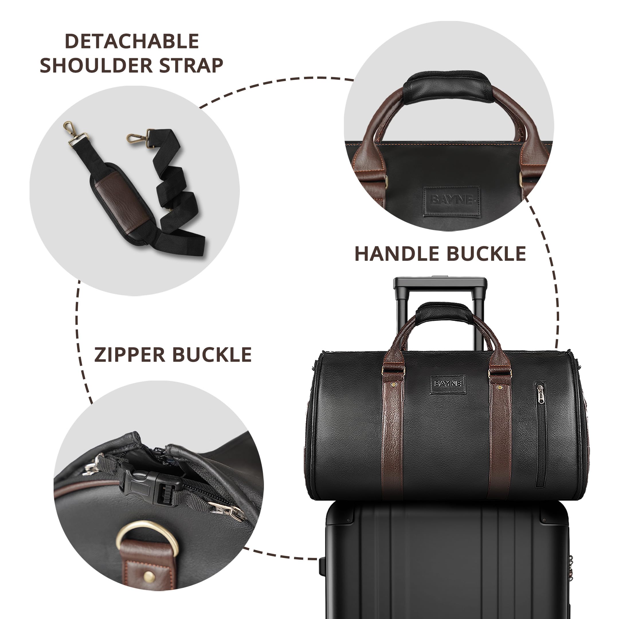 Bayne Convertible Large Size Garment Duffel Bag for Travel, Carry on Garment Duffel Bag for Men and Women - 2 in 1 Hanging Suitcase Suit Travel Bag (Faux Leather, Black) 3