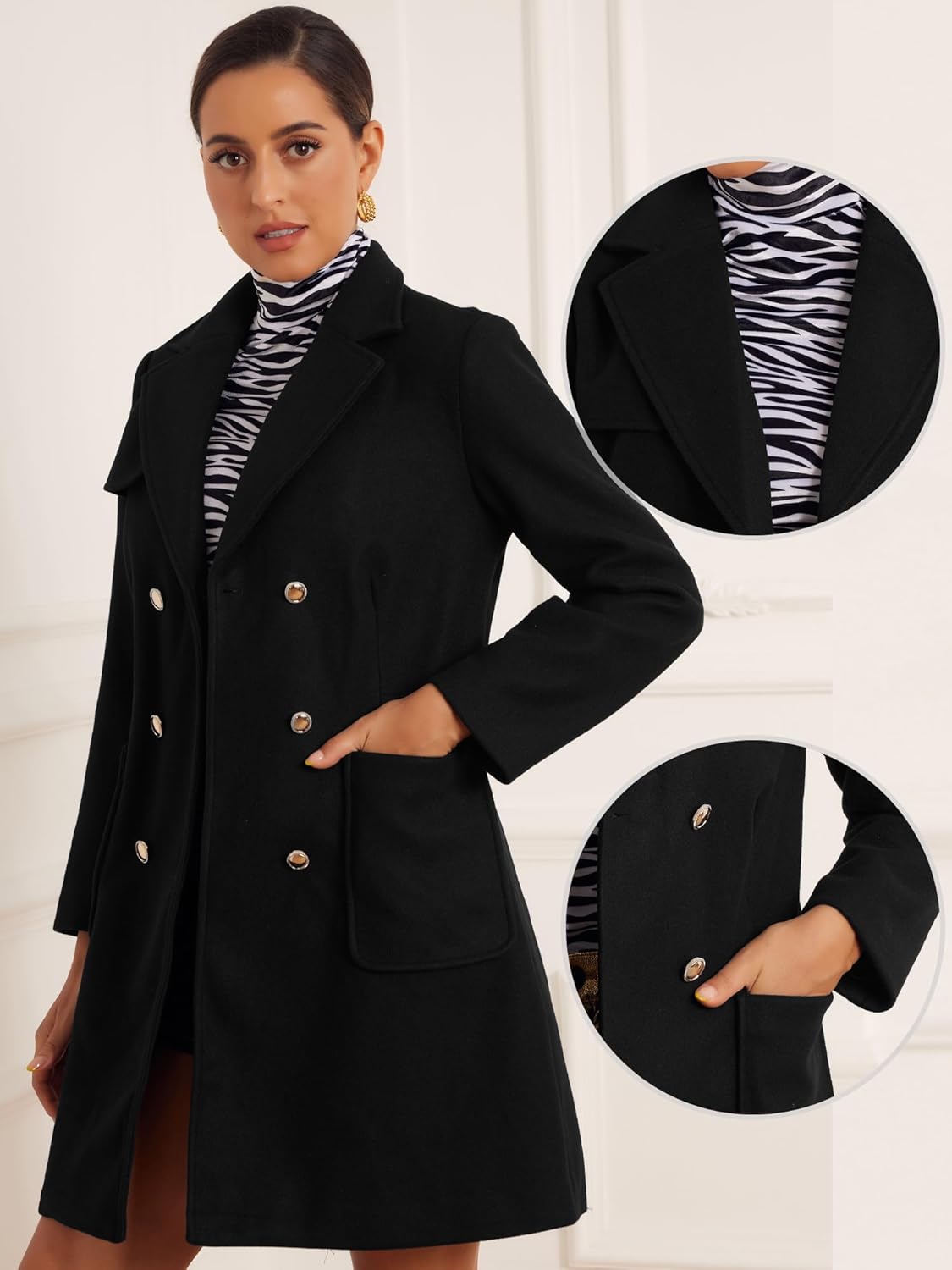 Allegra K Long Coat for Women's Notched Lapel Pockets Double Breasted Long Sleeve Trench Coats