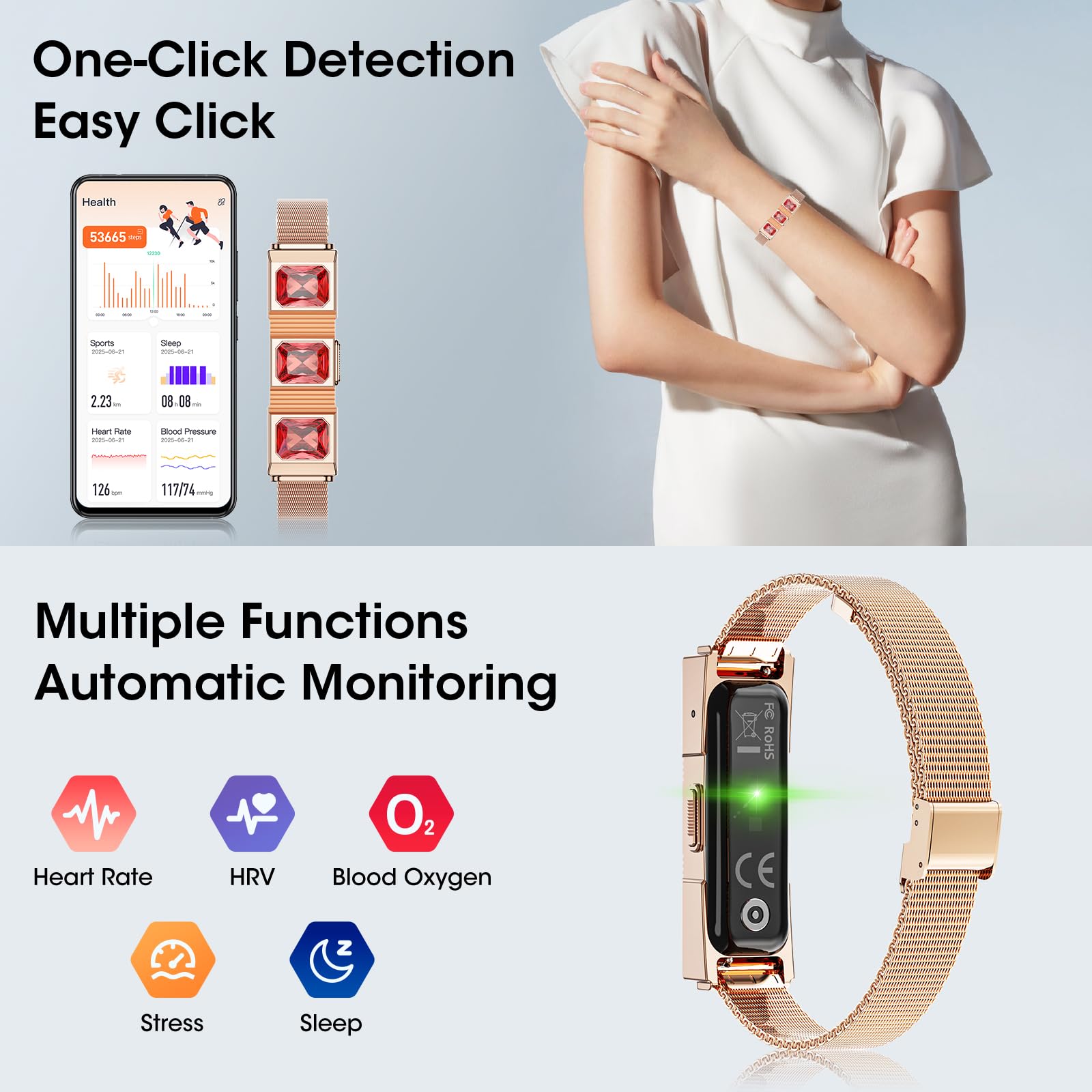 Women's Smart Bracelet with 2 Bands, Health Fitness Tracker, 24/7 Heart Rate/Blood Oxygen/HRV/Sleep Monitor, Fashion Ruby Wristband with Message/Call Reminder Free Subscription (Rose Gold)