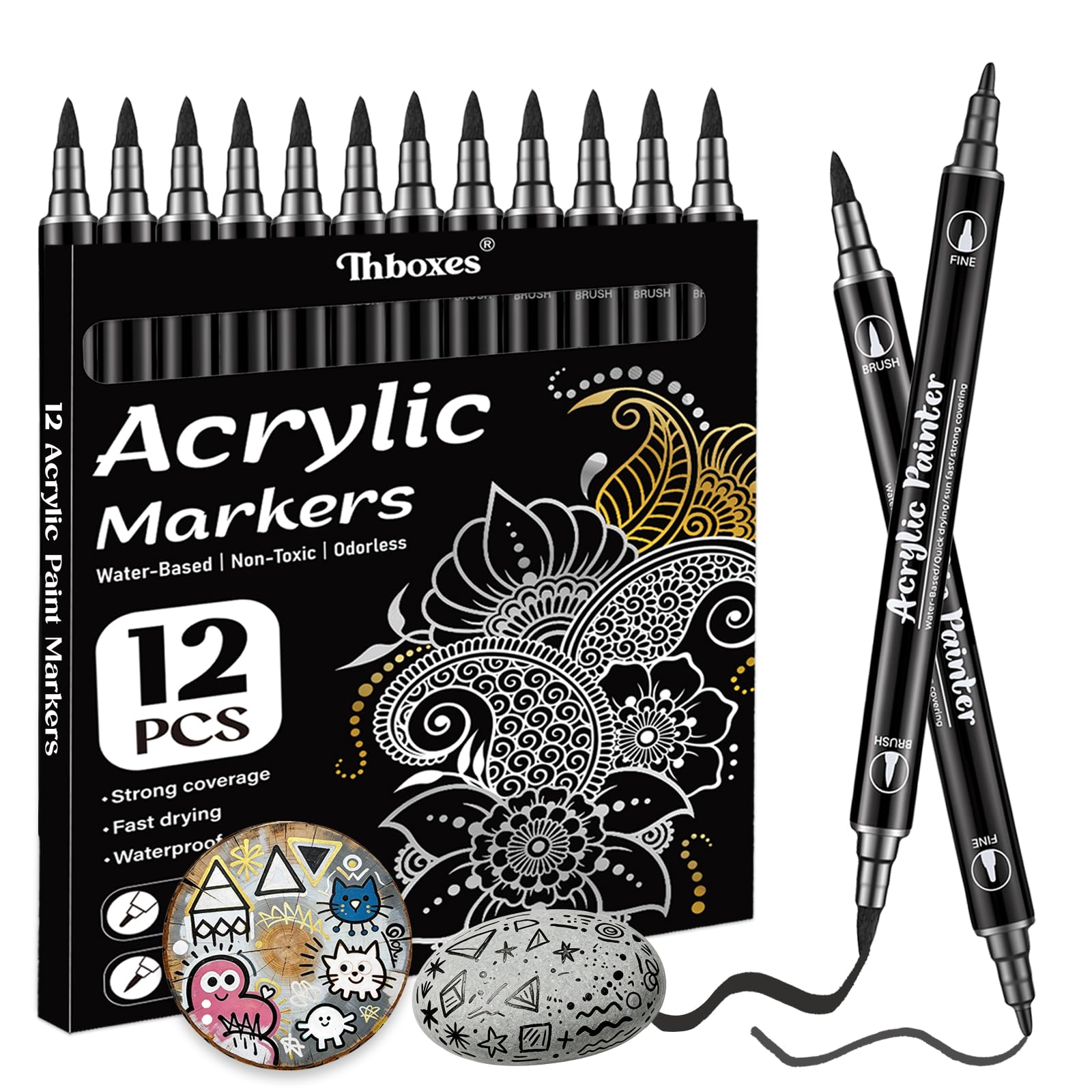Thboxes Black Acrylic Paint Pens, Dual Tip Markers, Pack of 12