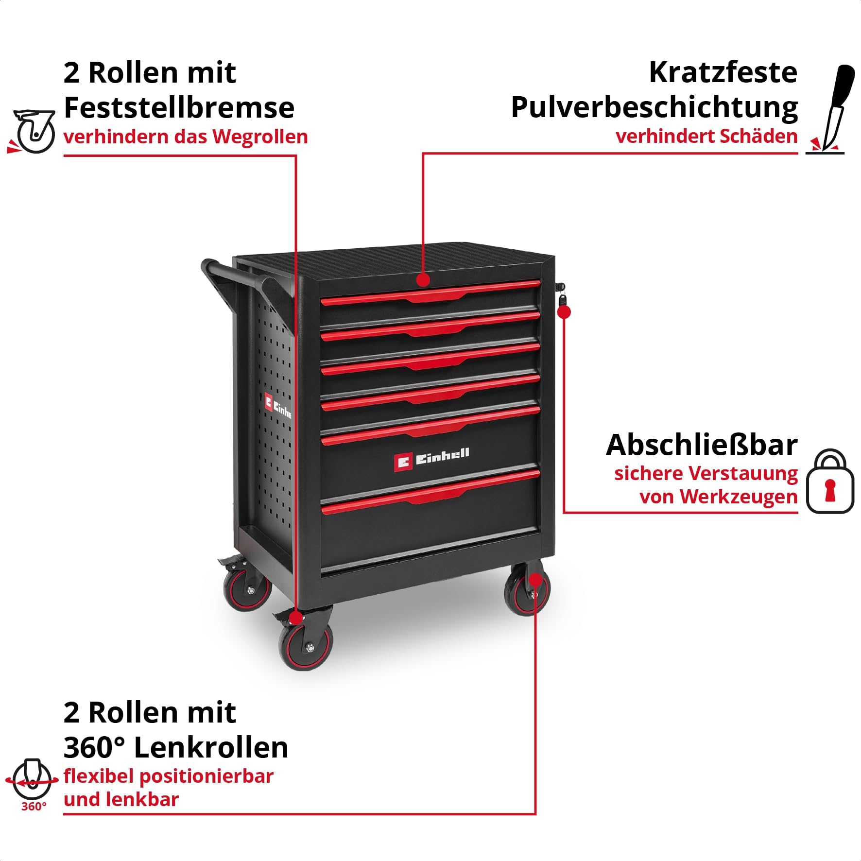 Original Einhell Werkstattwagen leer (6 Schubladen, Interlock-System, kugelgelagerte Führungsschienen, belastbar bis 135 kg, mobil mit Feststellrollen)