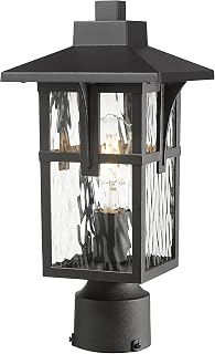 HWH Outdoor Post Light Fixtures, Water Ripple Glass Shade, 5HX62P-SW BK | Post or Pier Mount, Weather- and Rust-Resistant, 14.2-Inch Lantern, E26 Socket Max 60W, Bulb Not Included, Hardware Included