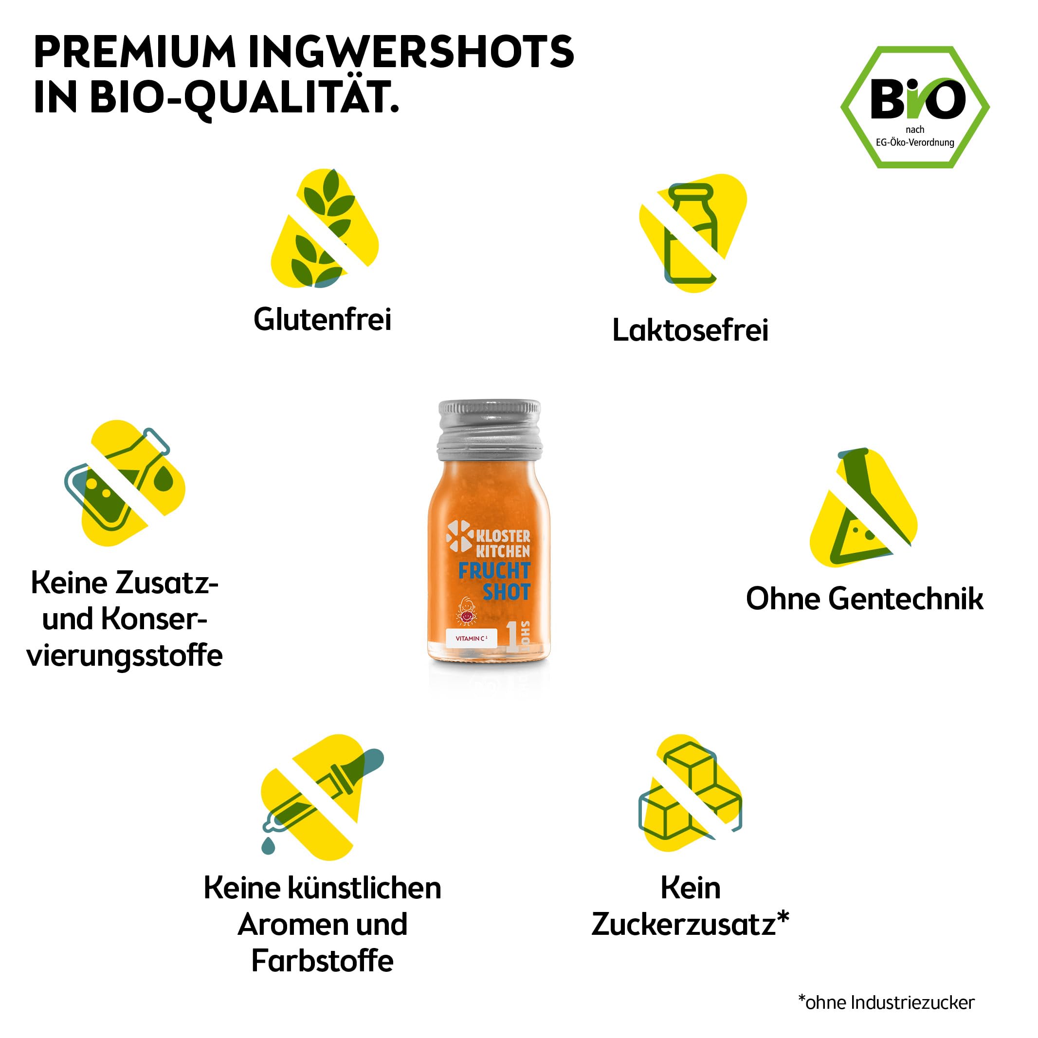 Kloster Kitchen zenzero biologico per bambini 1SHOT 28 x 30 ml con veri pezzi di zenzero I zenzero vegano in bottiglia di vetro da asporto I fruttato-morbido senza additivi e con dolcezza naturale