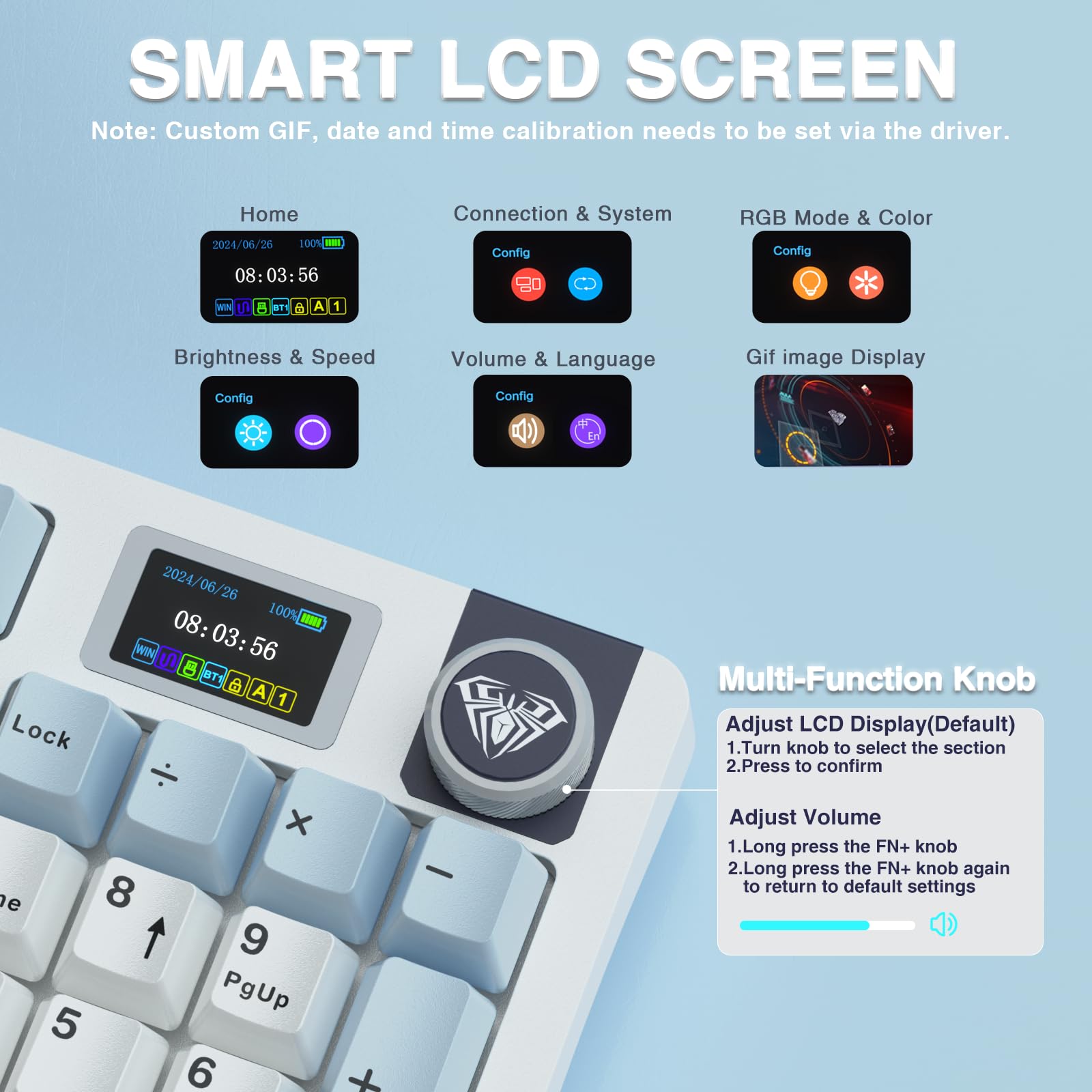 AULA S98 Pro Wireless Mechanical Keyboard,Smart Screen & Knob,Tri-Mode BT5.0/USB-C/2.4GHz Creamy Keyboard,Pre-lubed Linear Switches,Hot Swappable RGB Backlit Computer Gaming Keyboards