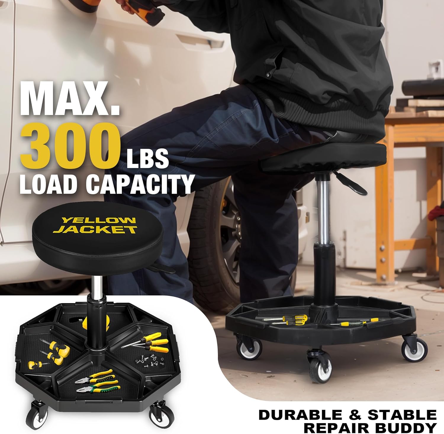 YELLOW JACKET Pneumatic Shop Creeper Seat Adjustable Mechanic Stool with Wheels 300Lbs and Removable Tool Tray Storage Workshop Chair for Auto Repair