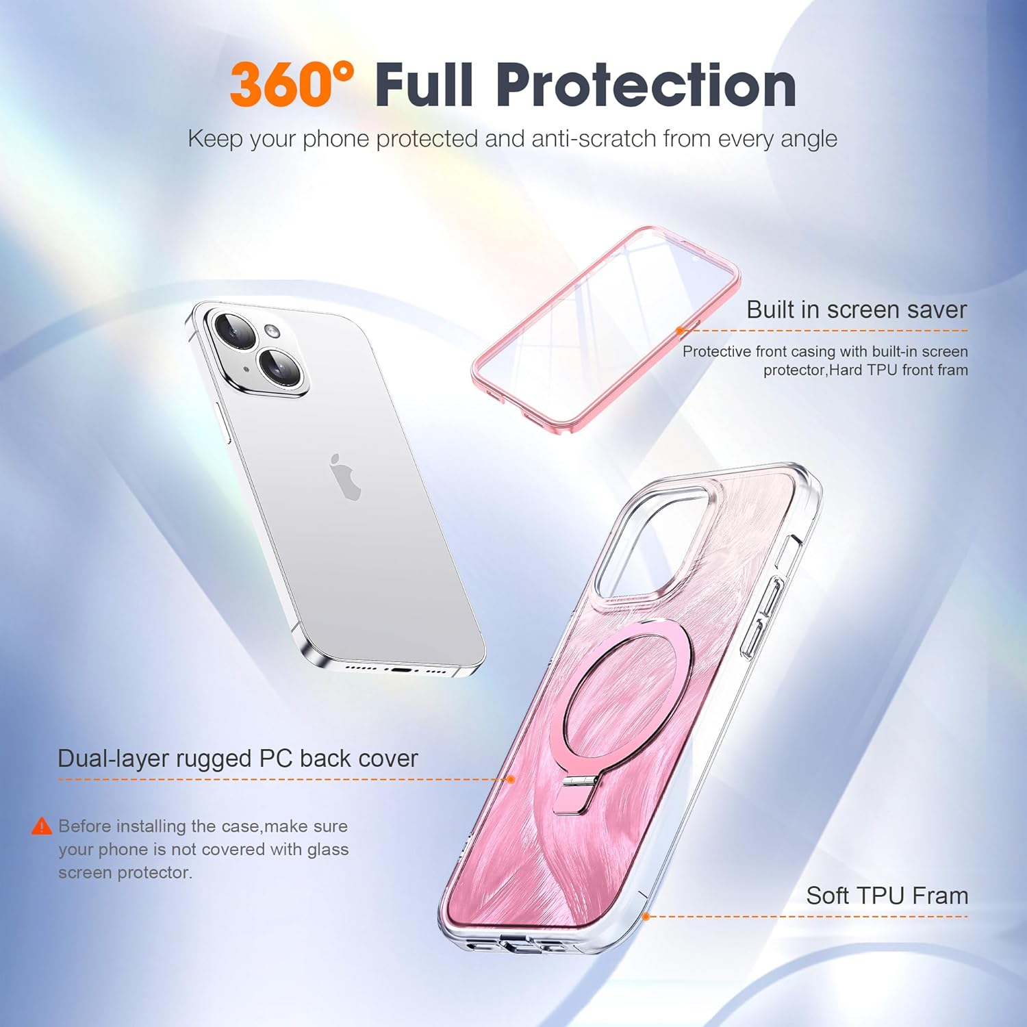 Compatible with iPhone 14 Plus Case with Magnetic Stand Compatible with Mag-Safe, Laser Aesthetics Phone Case with Built-in Screen Plustector for iPhone 14 Plus, Pink