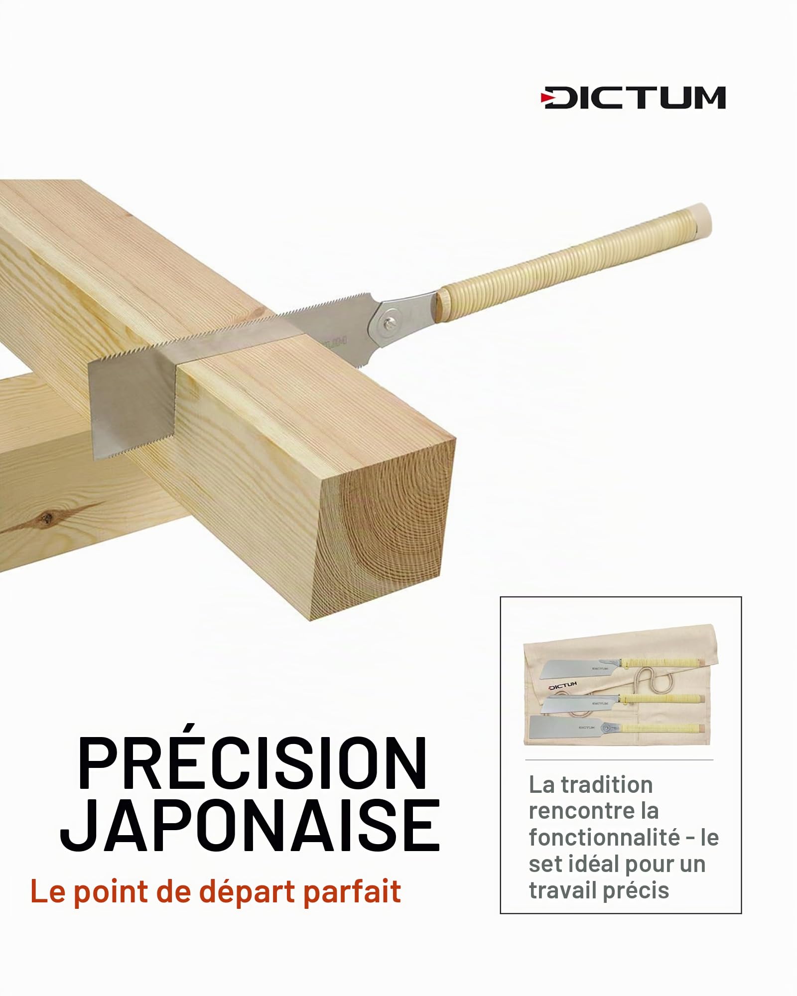 DICTUM Scie japonaise 3 pièces – Dozuki, Kataba & Ryoba | Scie à traction professionnelle avec manche en bois traditionnel | Scie japonaise d'origine, scie fine et scie de précision pour le travail du