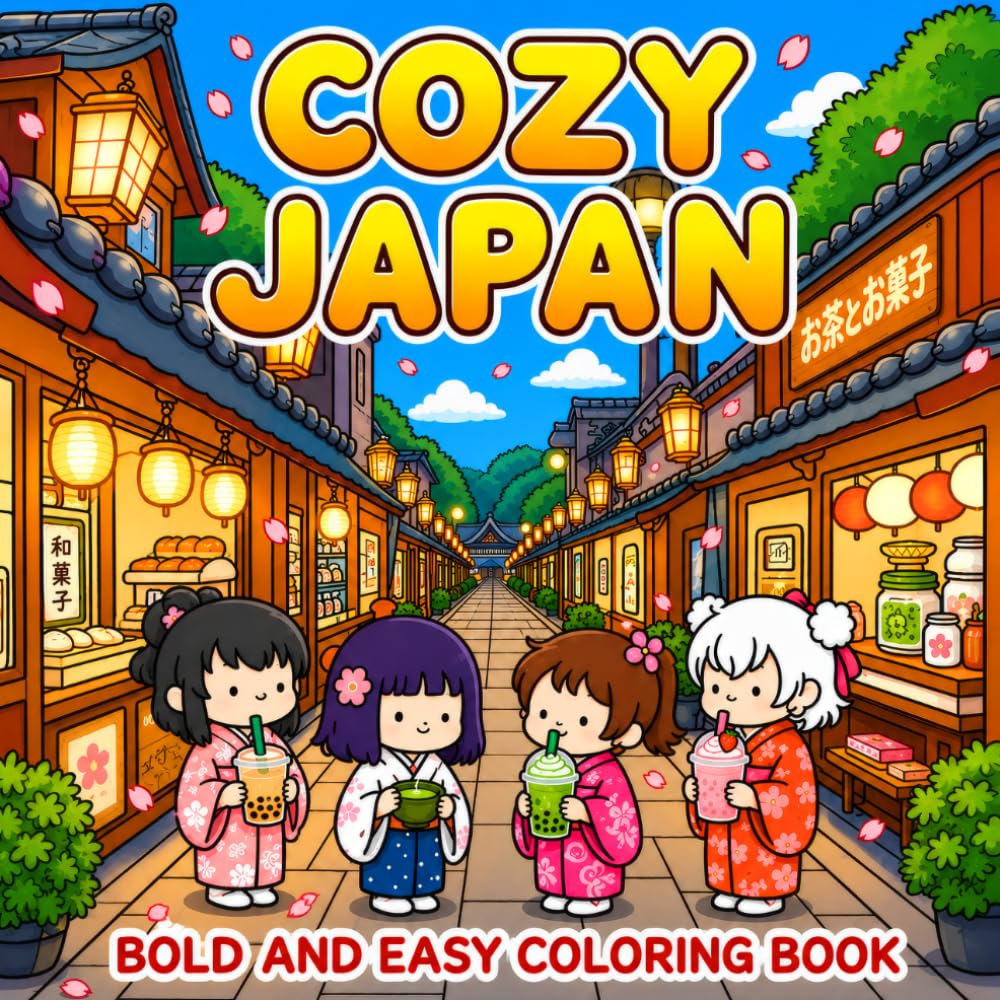 Cozy Japan Bold and Easy Coloring Book: A Relaxing Designs with Cute Animals, Japanese Lifestyle Scenes & Stress Relief Pages