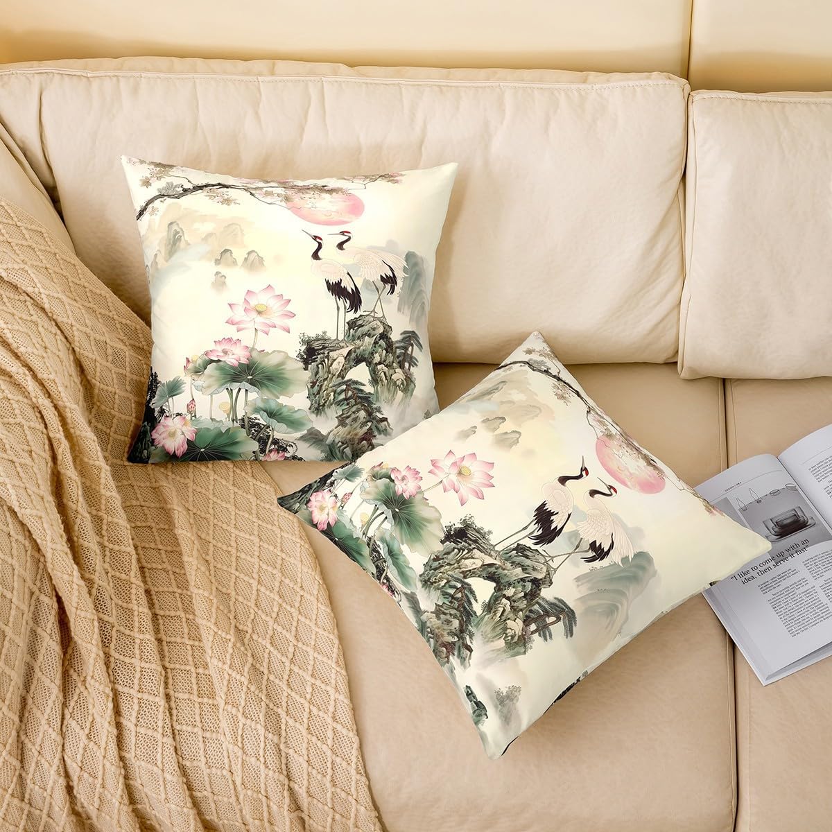 Red Crowned Crane Throw Pillow Covers 22x22 Inch Watercolor Lotus Floral Soft Square Cushion Case Chinese Painting Style Pillowcase for Room Decor Natural Scenery Pillowcase,Set of 2
