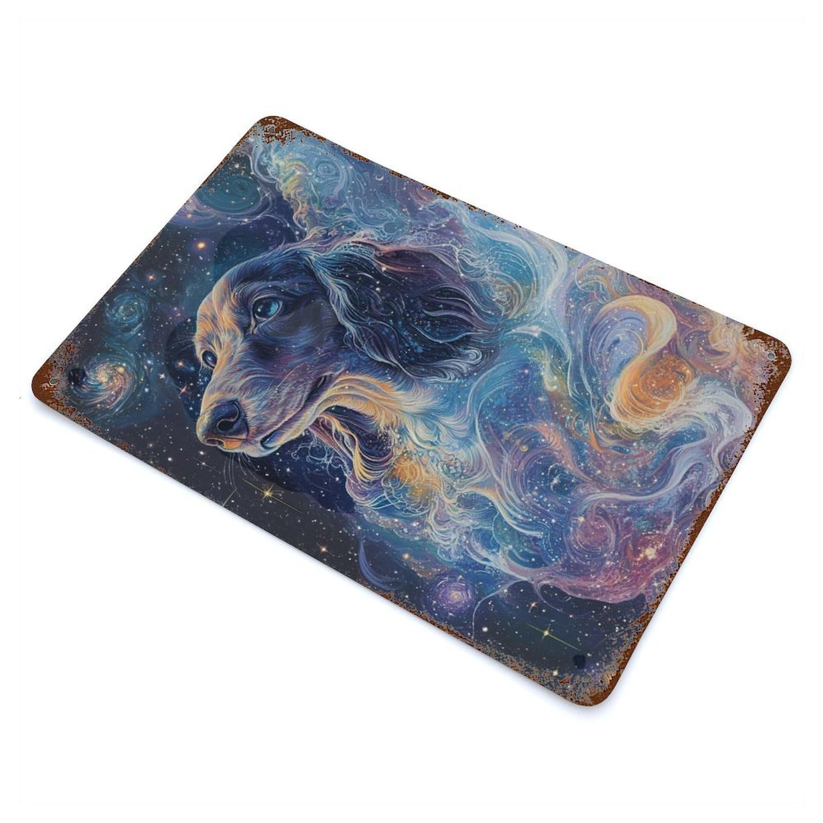 Cosmic Dreaming Dachshund Doxie Decorative Tin Sign 11.8"x7.9", for Bistro, Counter And Cafe Decor, Retro Wall Decor