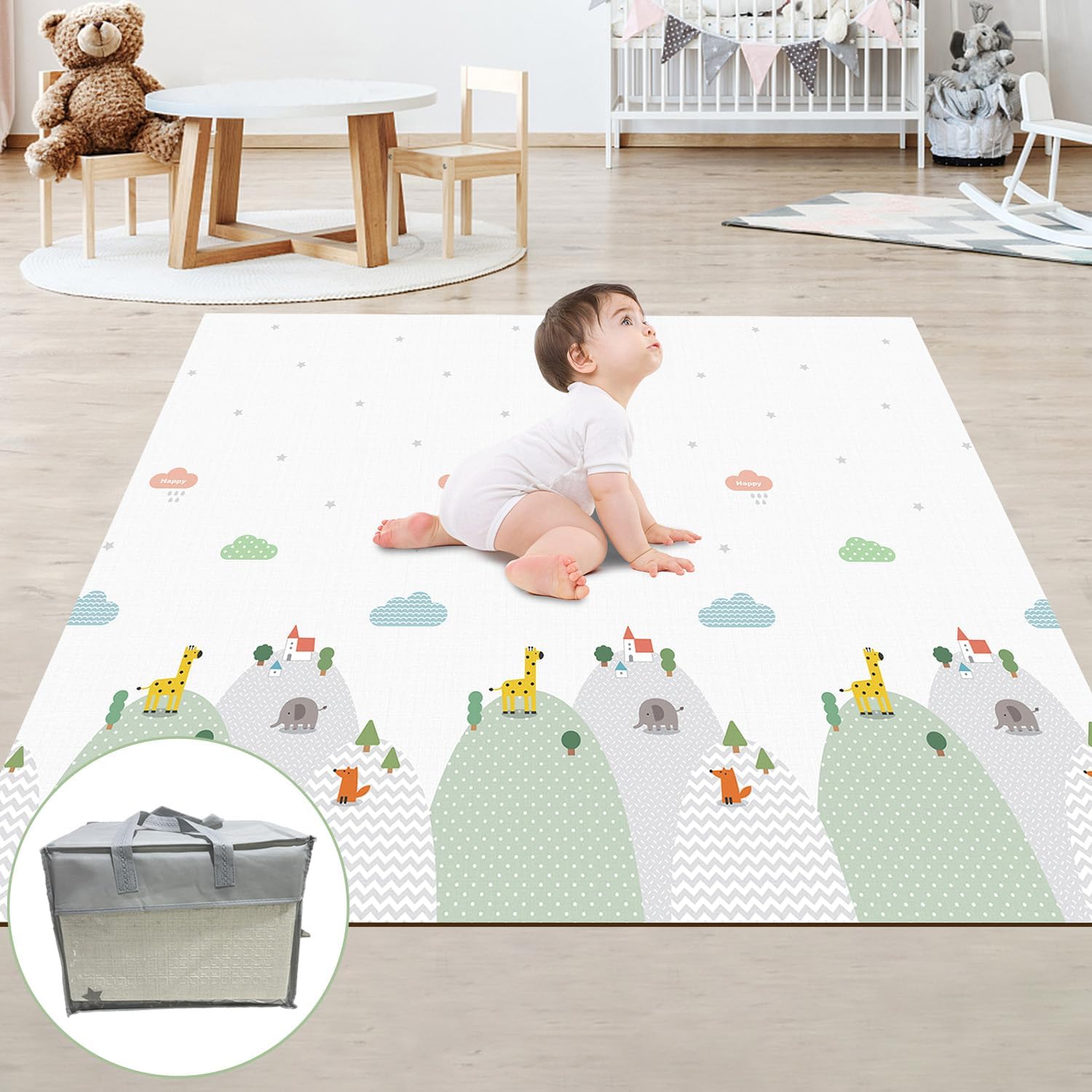 Baby Play Mats for Floor, 150 x 180 x 1 cm Play Mat for Baby with Carry Bag, Waterproof Foldable XPE Foam Play Mat for Kids, Large Infant Playmat, Indoor Outdoor Playing Mat