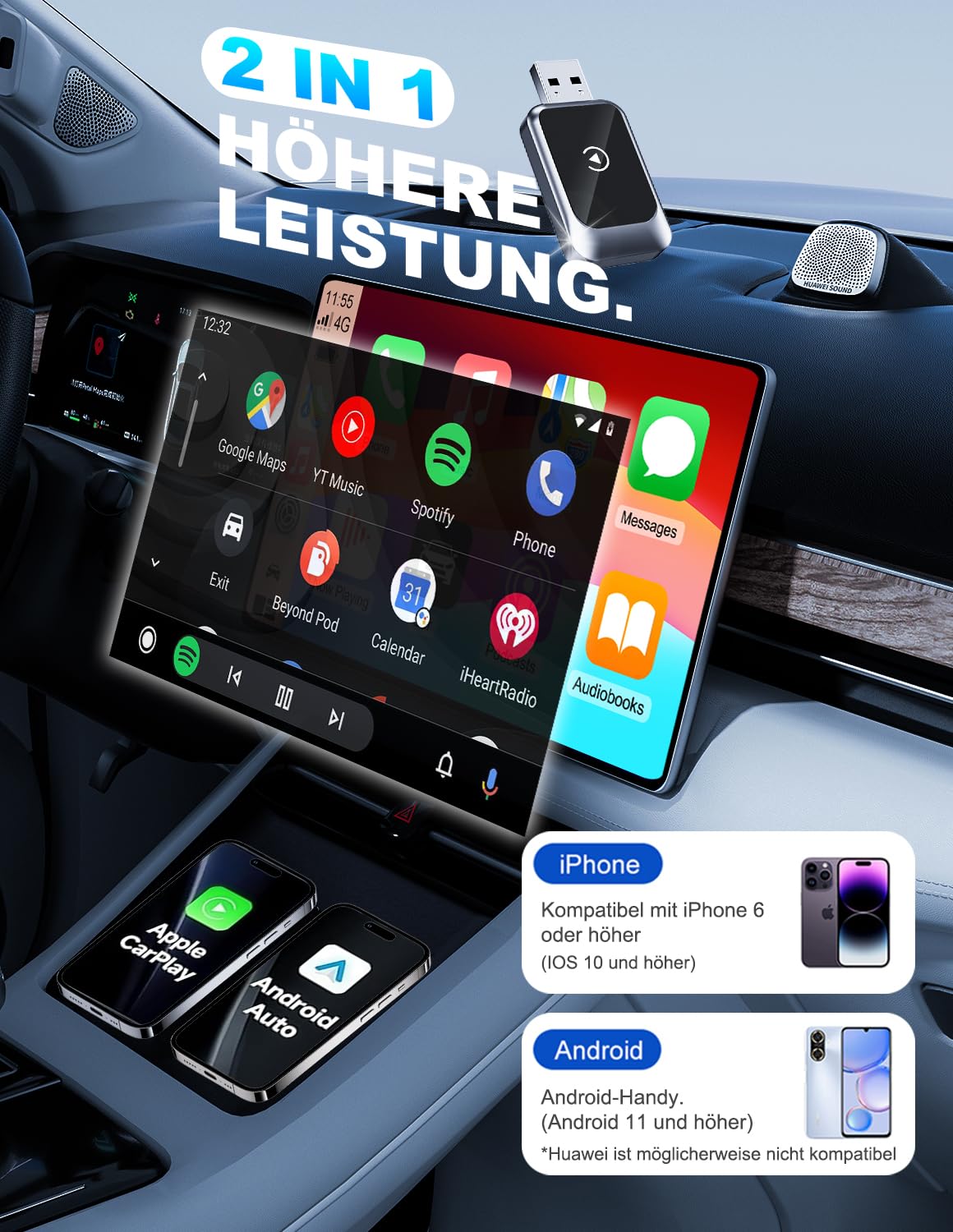 2026 Upgraded 2-in-1 Carplay Wireless Adapter, unterstützt CarPlay+Android Auto, Bluetooth 5.4 drahtlose Verbindung, Plug & Play, kompatibel mit iOS 10+/Android 11+ & Autos ab 2016