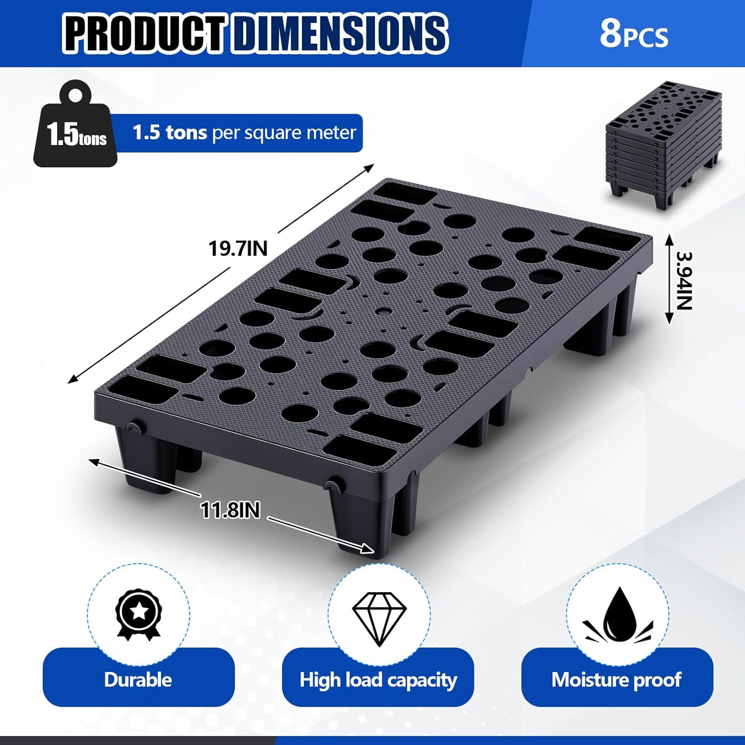 8 Pcs Plastic Pallets for Basement Storage Nestable Moisture Waterproof Lightweight Floor Pallets with Breathable Grid for Indoor Outdoor Supermarket Warehouse (19.6 x 11.8 x 3.9 Inch,Black)