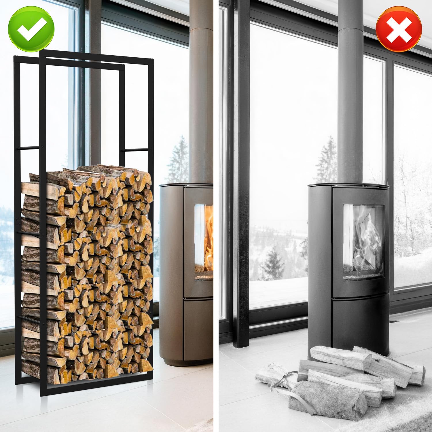 Sonnewelt Kaminholzregal für Innen und Aussen, 60x25x150CM Metall Brennholzregal Kaminholzständer, Holzstapelhilfe Holzlager, Schwarz Brennholz Stapelhilfe