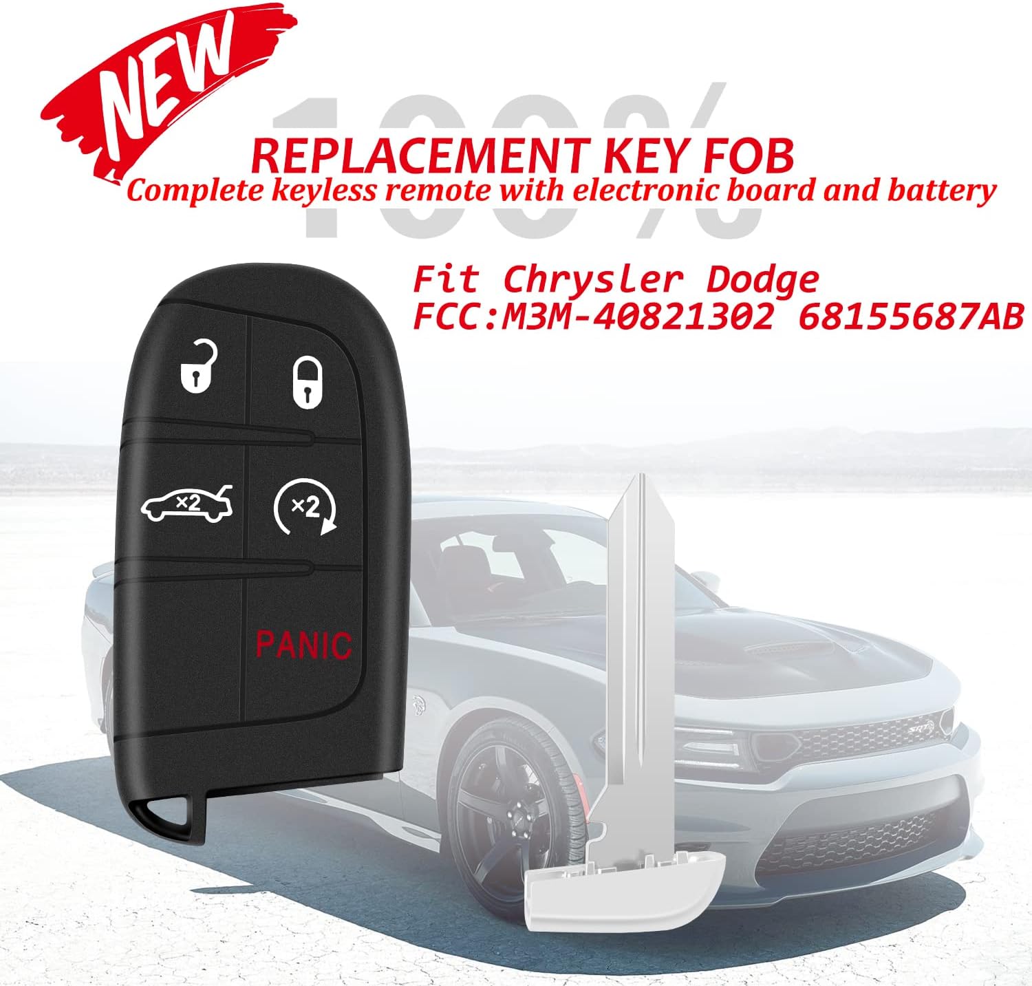 Replacement for 5 Buttons Proximity Smart Key fit for 2015-2017 Chrysler 200/ 2019-2021 Dodge Challenger Charger/ Chrysler 300 FCCID: M3M-40821302 68155687AB, 4A chip, 433Mhz (Pack of 1)