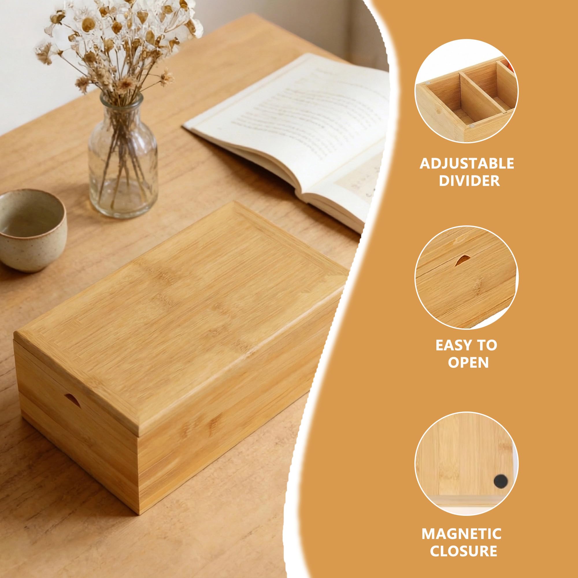 Boîte à Fiches en Bois 4 Compartiments Ajustables pour Fiches A8 22.2x9.5x7cm