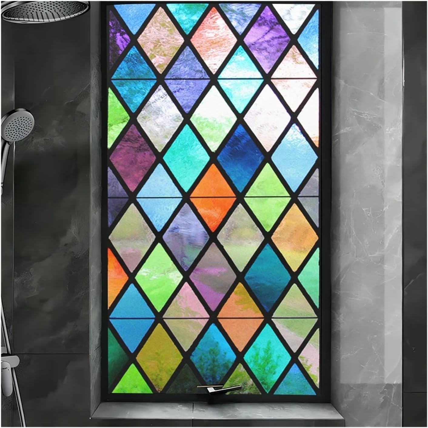 Rainbow Window Film Privacy Window Frosted Film Color Lattice Pattern Stained Glass Window Film Glue-Free Static Cling Glass Door Sticker(80cmx200cm)