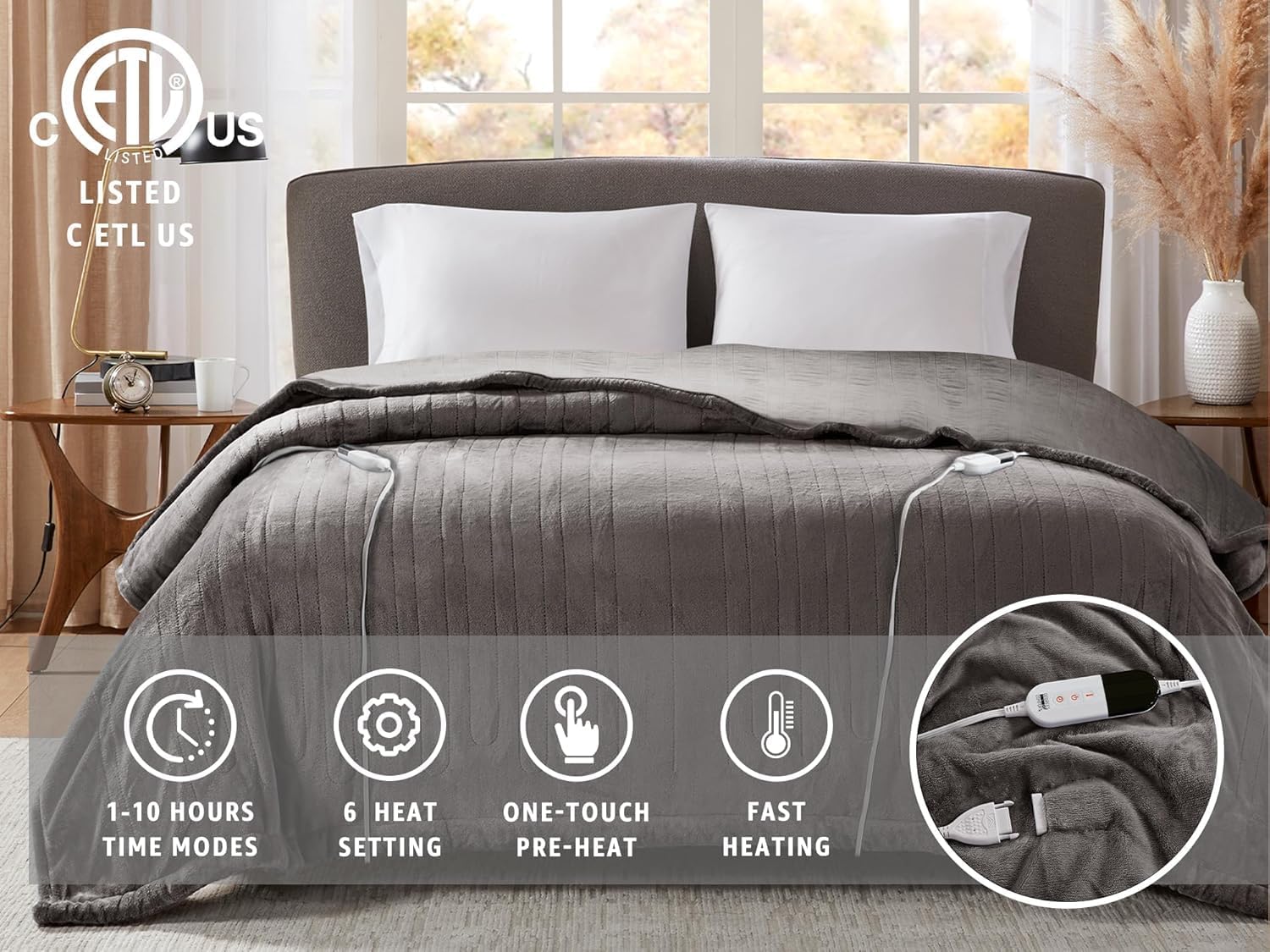 Degrees of Comfort King Electric Blanket with Dual Controls, Large Fleece Heated Blanket for Bed, Auto Shut Off, Machine Washable -Grey, 100Wx90L - Image 6