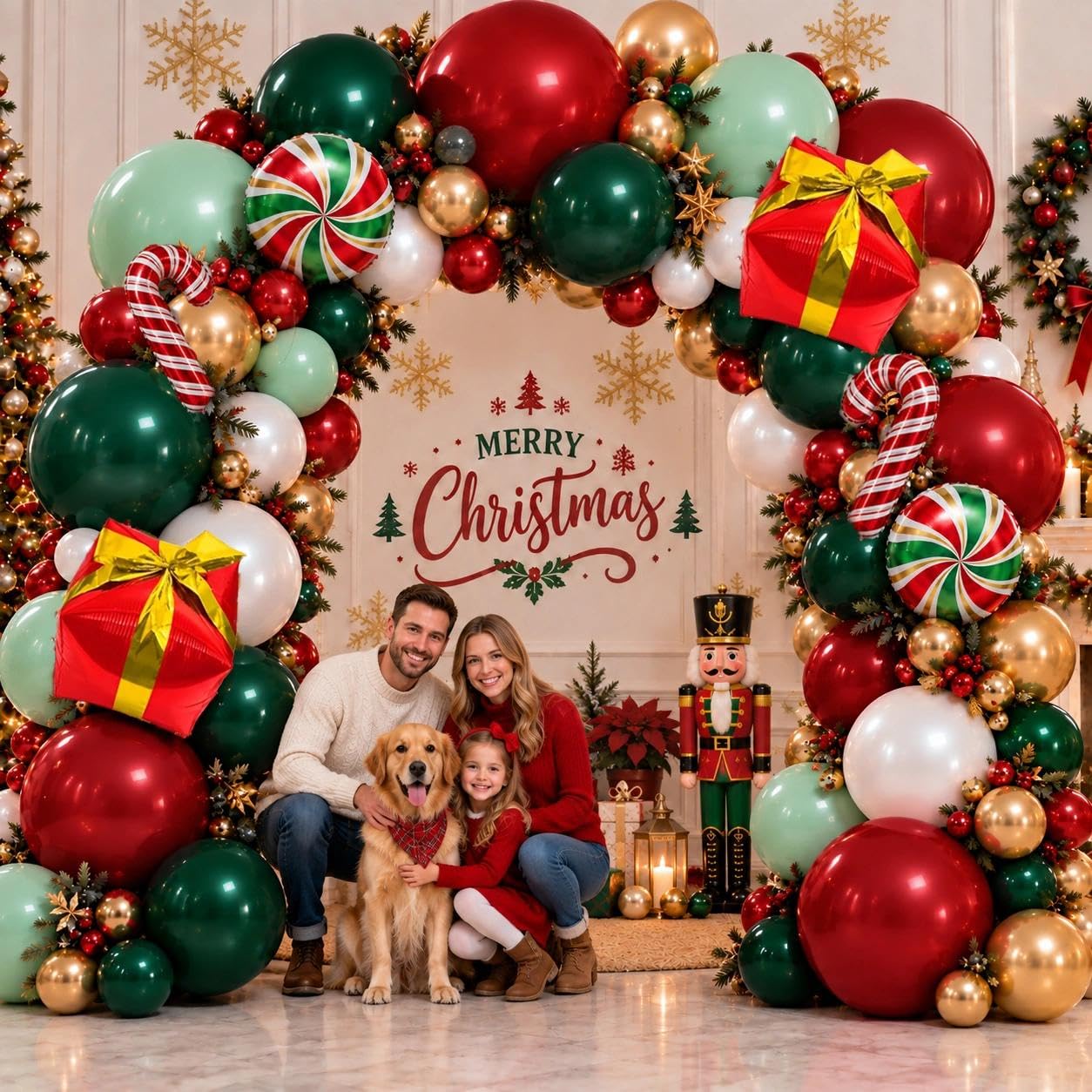 Kit de arco de globos de Navidad, rojo, doble relleno, verde oscuro, rojo, esmeralda, verde, burdeos, guirnalda de globos de oro blanco y perla, kit de arco para decoración de fiesta de cumpleaños y