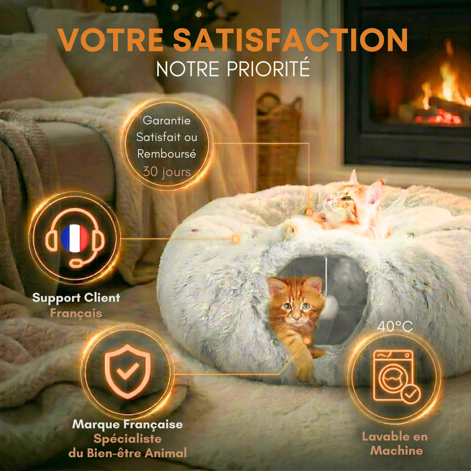 One PETS-TOP Tunnel Chat Rond XXL en Peluche Douce – Lit Tunnel Cachette Confort – Cabane Intérieure pour Chat – Cat Tunnel (Gris Perle)