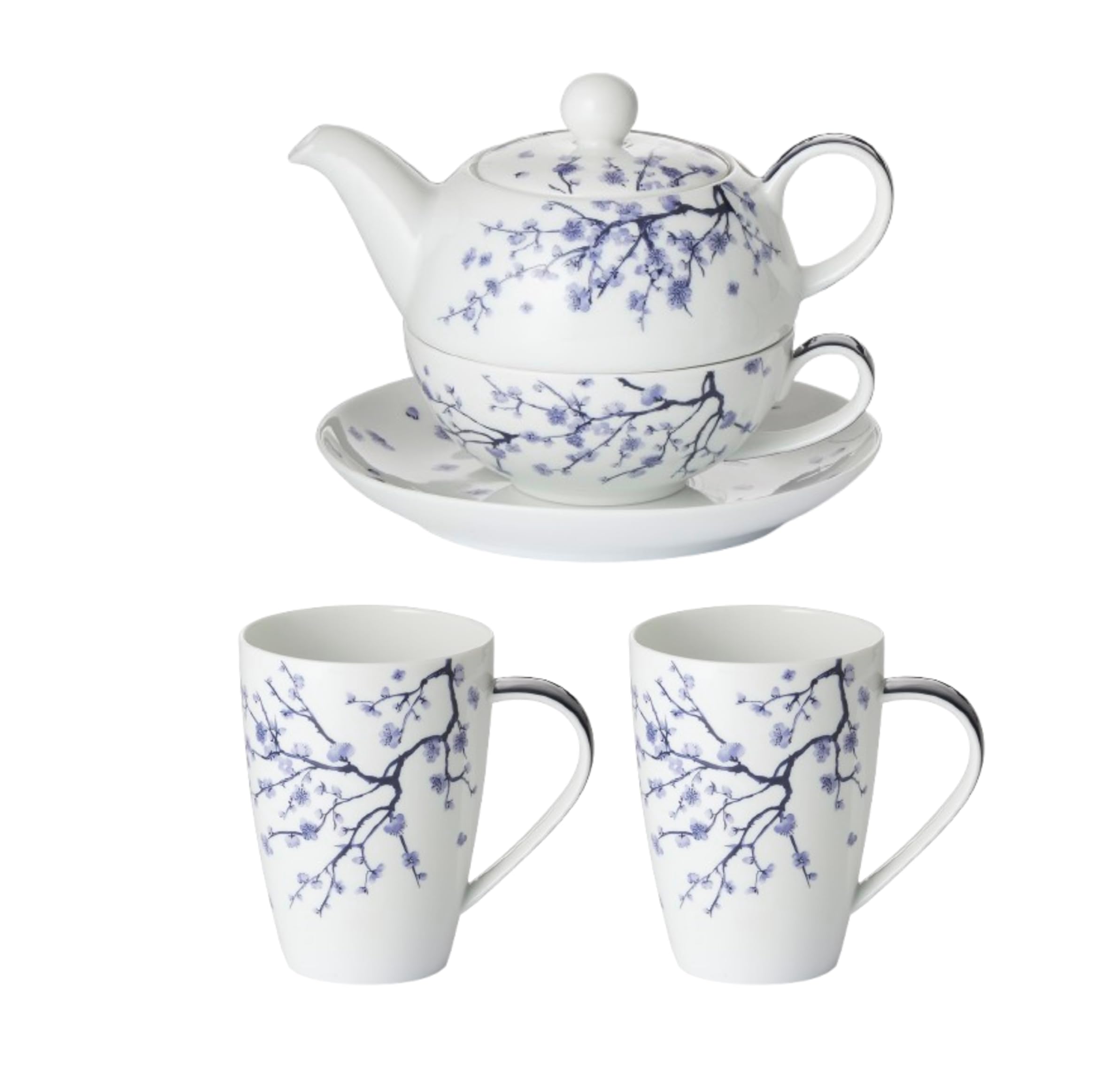 Teemando® Tea-for-one Set "Yama" aus Porzellan, 4-teilig, Kanne 0,4 l, Tasse 0,2 l, Kirschblüten-Motiv, + 2 X Becher "Yama" Porzellan 0,5 l H 13,4 cm, Ø 9,3 cm von Cha Cult