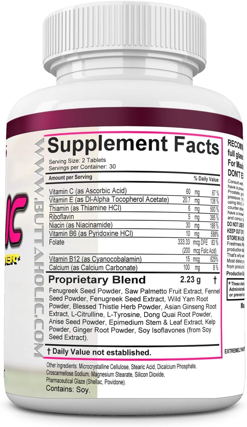 BUTTAHOLIC Female Butt Enlargement Pills. Booty Enhancement. Get Bigger and Curvier Butts. Extreme Glutes Enhancer. 60 Tablets