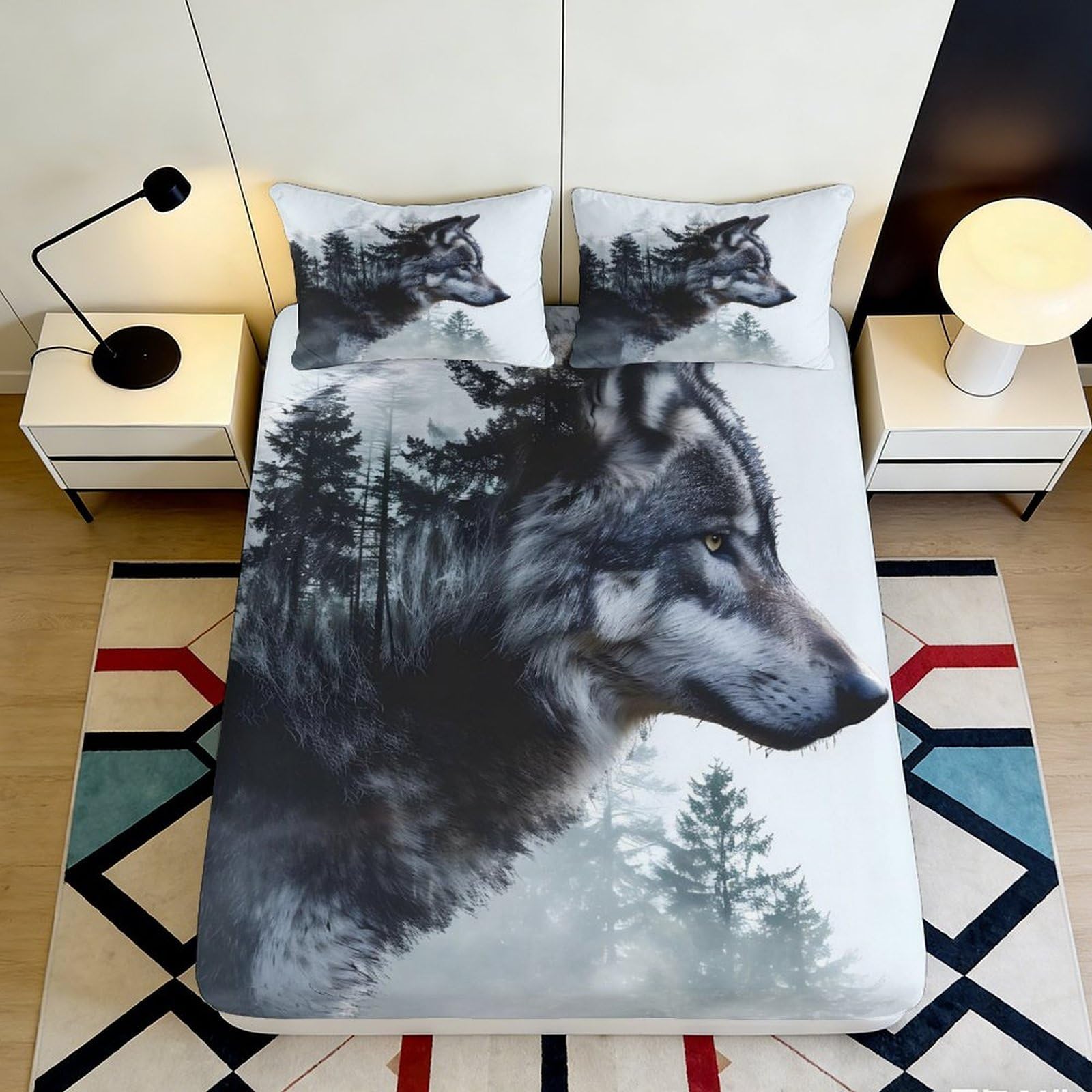 3D Printed Wolf Forest Fitted Sheet Microfiber Deep Pocket Non-Slip Bedroom Wolf Mattress Fitted Cover Washable 90x200x25cm