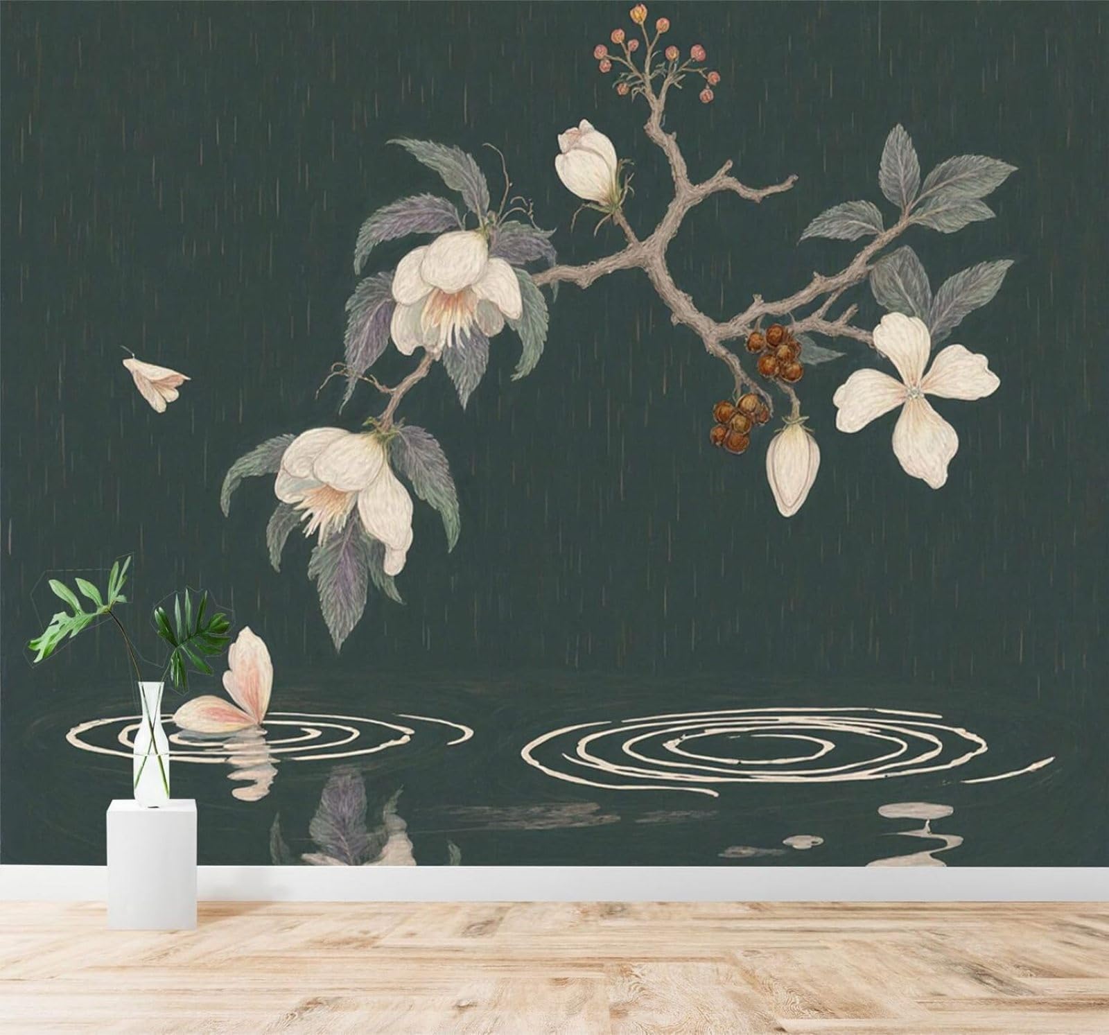 Xlming 350Cm×256Cm(B×H) Vintage White Flowers Branches Water Surface Falling Petals 3D Wallpaper Silky Texture Home Study Office Grey Dining Room Sofa Bedroom Living Room Tv Backdrop-350Cm×256Cm