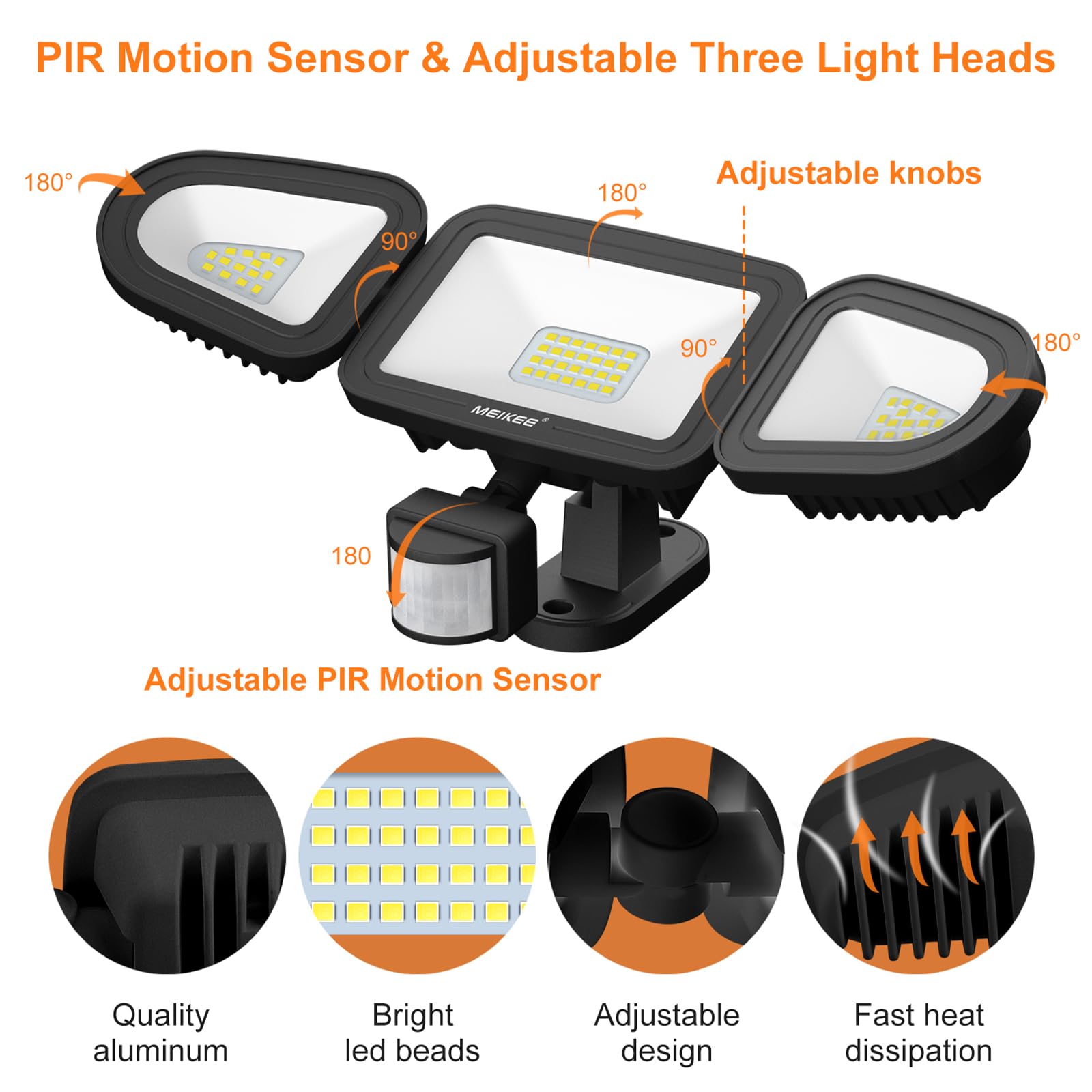 MEIKEE 42W Reflektor LED z czujnikiem ruchu, 400-3600LM, 6500K, 3 tryby, 10 poziomów jasności, wodoodporny IP66, oświetlenie punktowe led Z pilotem, trzygłowicowy, regulowany o kącie 180°