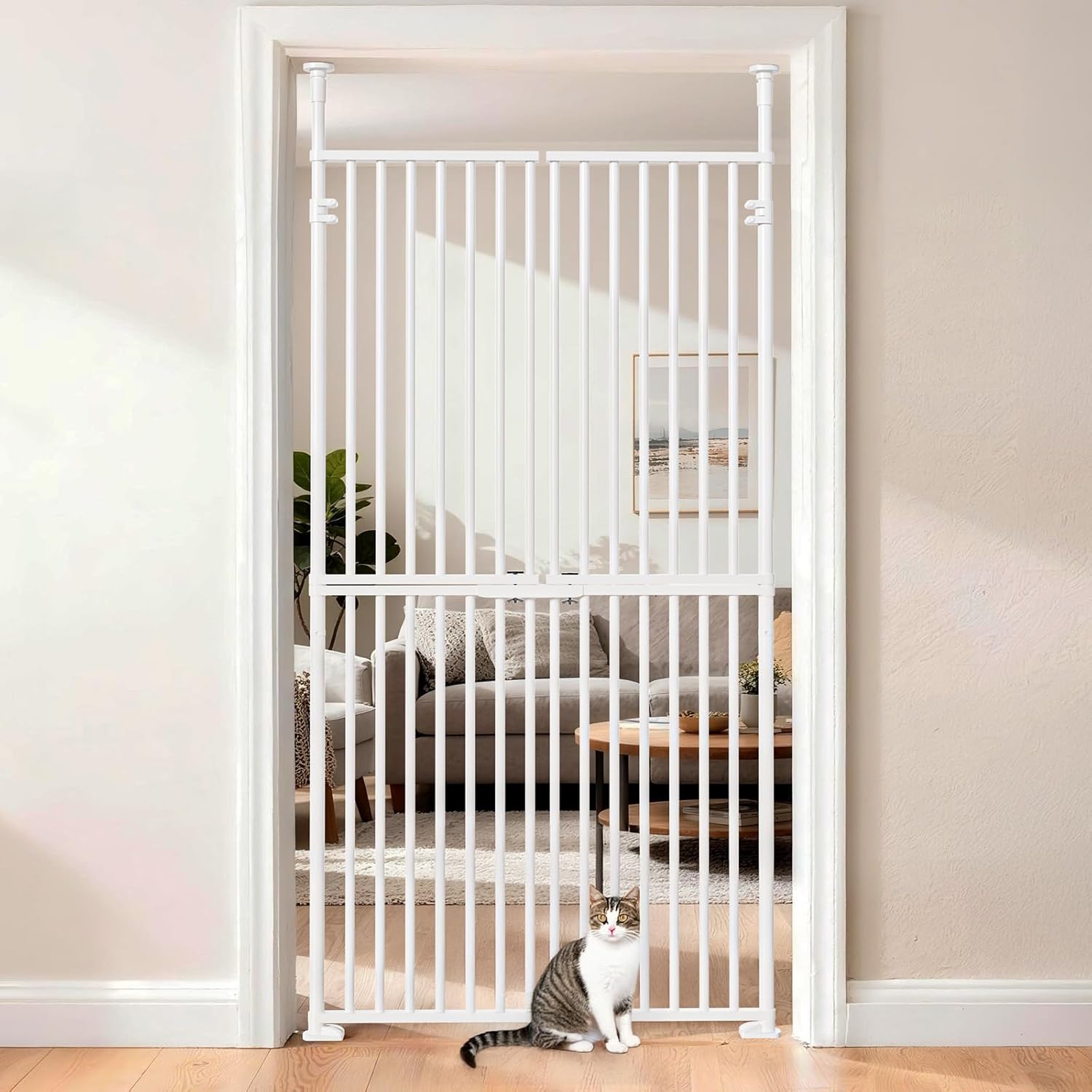 Slsy 76" Extra Tall Pet Gate for Cats & Dogs, Adjustable Width 33.4–35.8", No-Drill Pressure-Mounted Cat Gate, with Double-Door Walk-Through, Fits for Doorways, Stairs, Indoor & Hallways