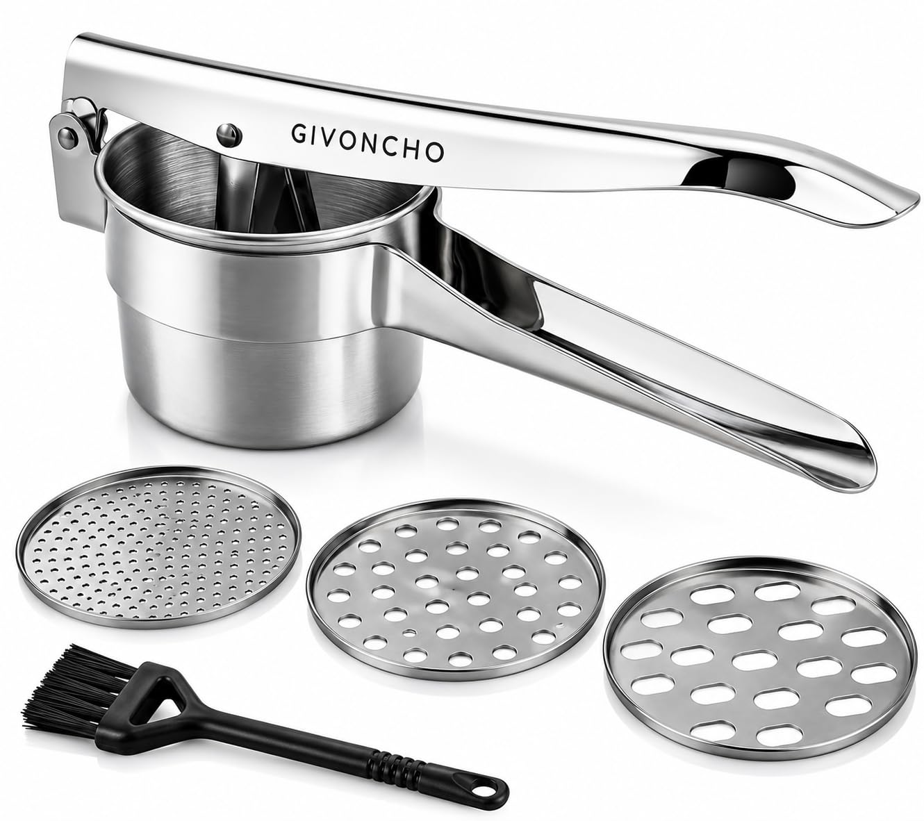 GIVONCHO Stainless Steel Potato Ricer, 15 oz Heavy Duty Potato Press & Masher with 3 Interchangeable Discs, Ergonomic Handles, Dishwasher Safe for Mashed Potatoes, Vegetables & Baby Food