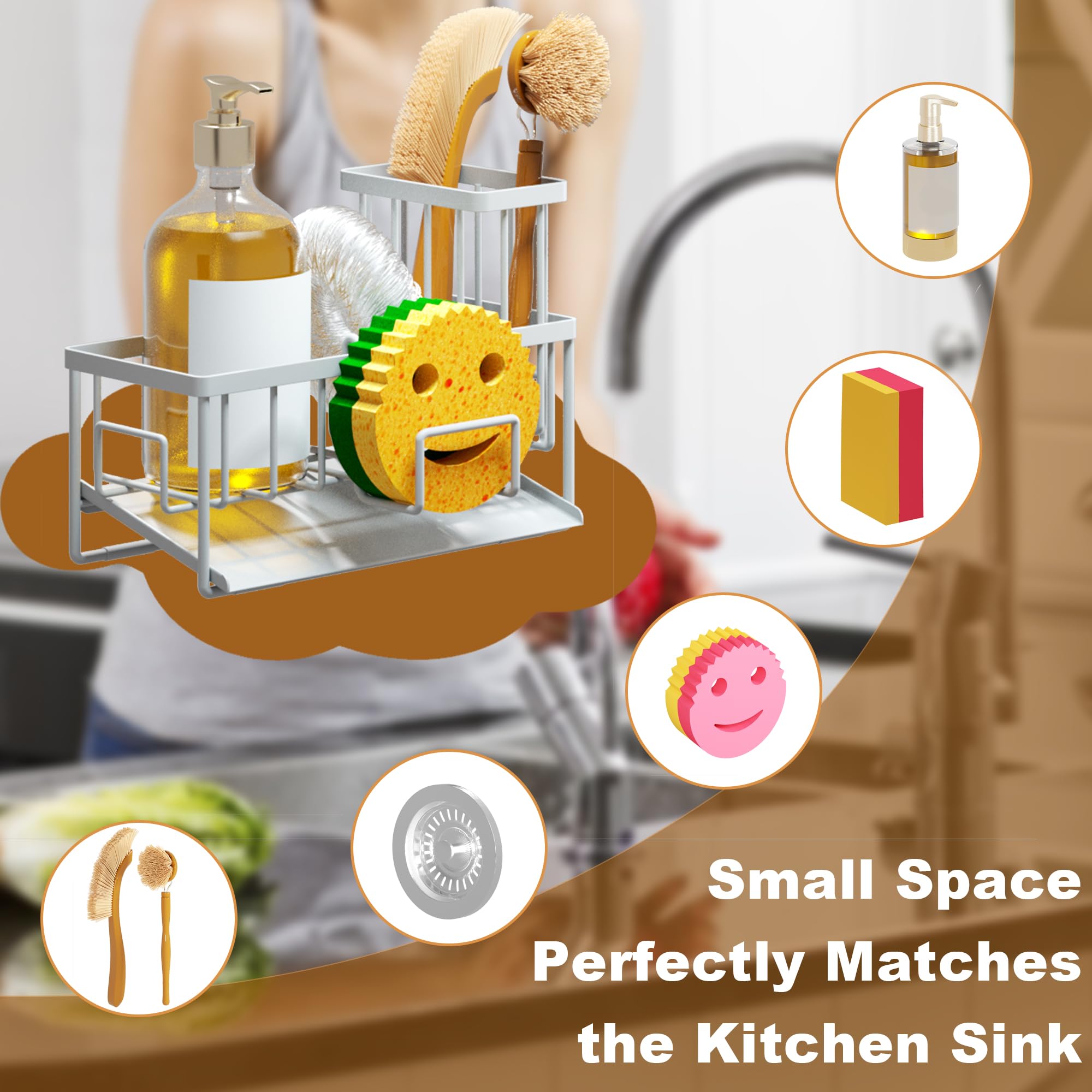 Condition photo showing New/Like New for Sink Caddy Organzier, Sponge Holder for Kitchen Sink with Brush Holder and Self Drain Tray, Dish Soap Dispenser Caddy for Home Kitchen Organizers and Storage Decor Essentials Accessories White