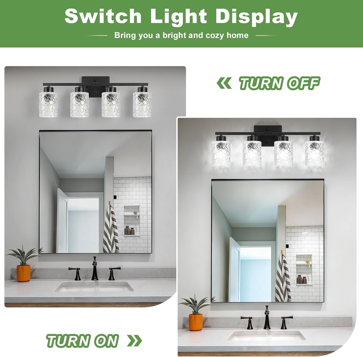 Black Bathroom Light Fixtures, 4-Light Modern Bathroom Vanity Wall Light, Vanity Lights for Mirror, Wall Sconces with Clear Textured Glass (E26 Socket, Bulbs Not Included)