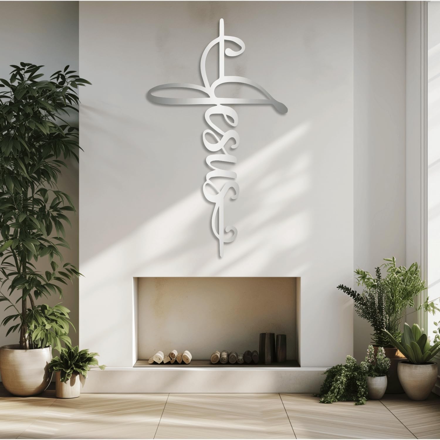 XXQ Letrero de pared de Jesús, cruz de metal, decoración espiritual de metal grande para el hogar, cruz colgante religiosa, decoración de pared de metal para sala de estar y dormitorio (plata, 51 x 76