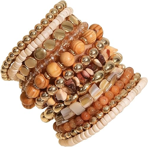 iF YOU 12 pulseras bohemias con cuentas para mujer, color marrón, bohemio, apilable, con cuentas doradas, elásticas, regalo de joyería