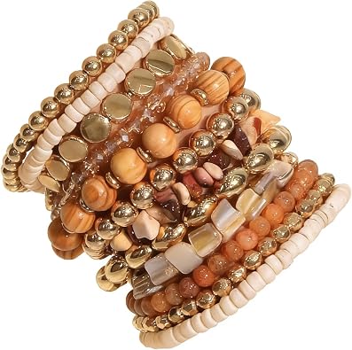 iF YOU 12 Pcs Boho Beaded Bracelets for Women, Brown Orange Colorful Bohemian Stackable Gold Bead Stretch Bracelets Stack Summer Beach Jewelry Gift