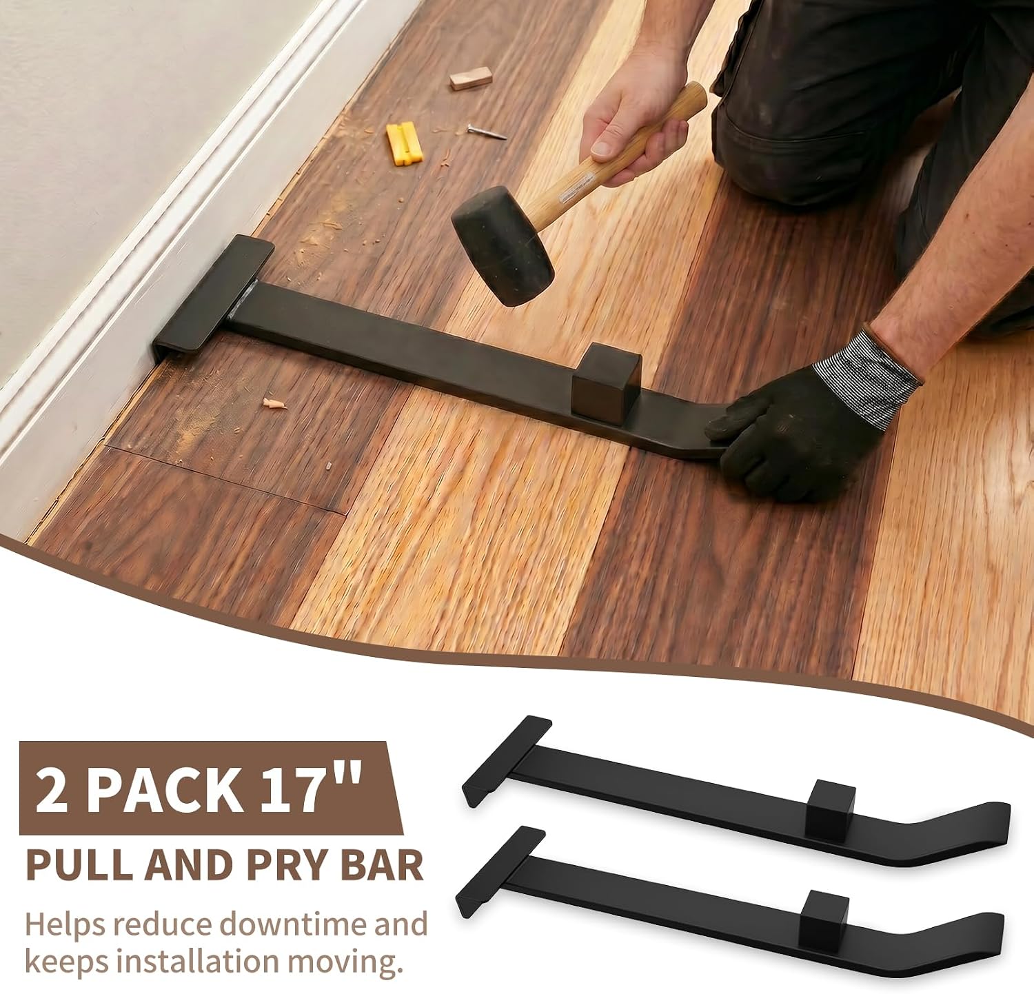 2 Pack 17" Floor Pull Bar and Pry Bar Set | Carbon Steel Flooring Tools with Hammering Block & Felt Backing for Laminate, Vinyl Plank, Engineered Wood & Floating Floors