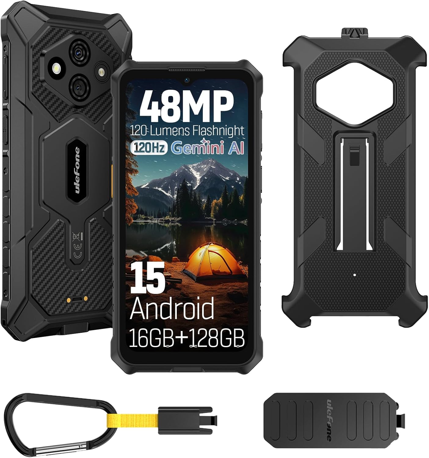 Ulefone RugKing 3 Pro Rugged Smartphone, 128GB/2TB TF, Android 15 Armor Smart Phone, 48MP Waterproof Camera, 6.56″ SIM-Free & Unlocked Mobile Phones, 4G 3-Card Slot, 5700mAh Dock Charging, NFC, Black