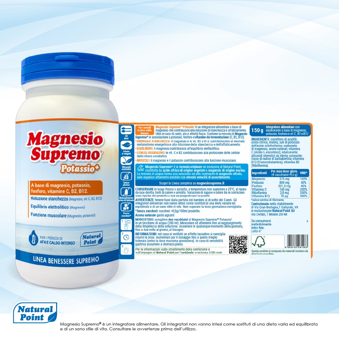 Potassio Integratore in Polvere, 350 g (2x175 g) | Con Magnesio Potassio Fosforo Vitamine B2 B12 C, Supporto Energia Attività Fisica Caldo e Afa