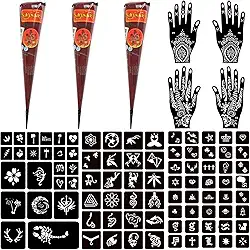 Moricher Kits de tatuagem temporária, 3 cones de tatuagem de henna, 101 estêncis, marcadores semipermanentes, gel jagua, para mulheres, homens, crianças, faça você mesmo, pintura artística, presentes