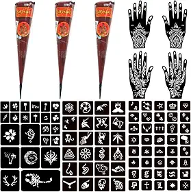 Moricher Kits de tatuagem temporária, 3 cones de tatuagem de henna, 101 estêncis, marcadores semipermanentes, gel jagua, para mulheres, homens, crianças, faça você mesmo, pintura artística, presentes