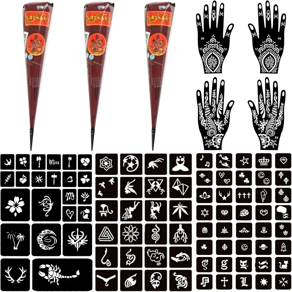 Moricher Kits de tatuagem temporária, 3 cones de tatuagem de henna, 101 estêncis, marcadores semipermanentes, gel jagua, para mulheres, homens, crianças, faça você mesmo, pintura artística, presentes