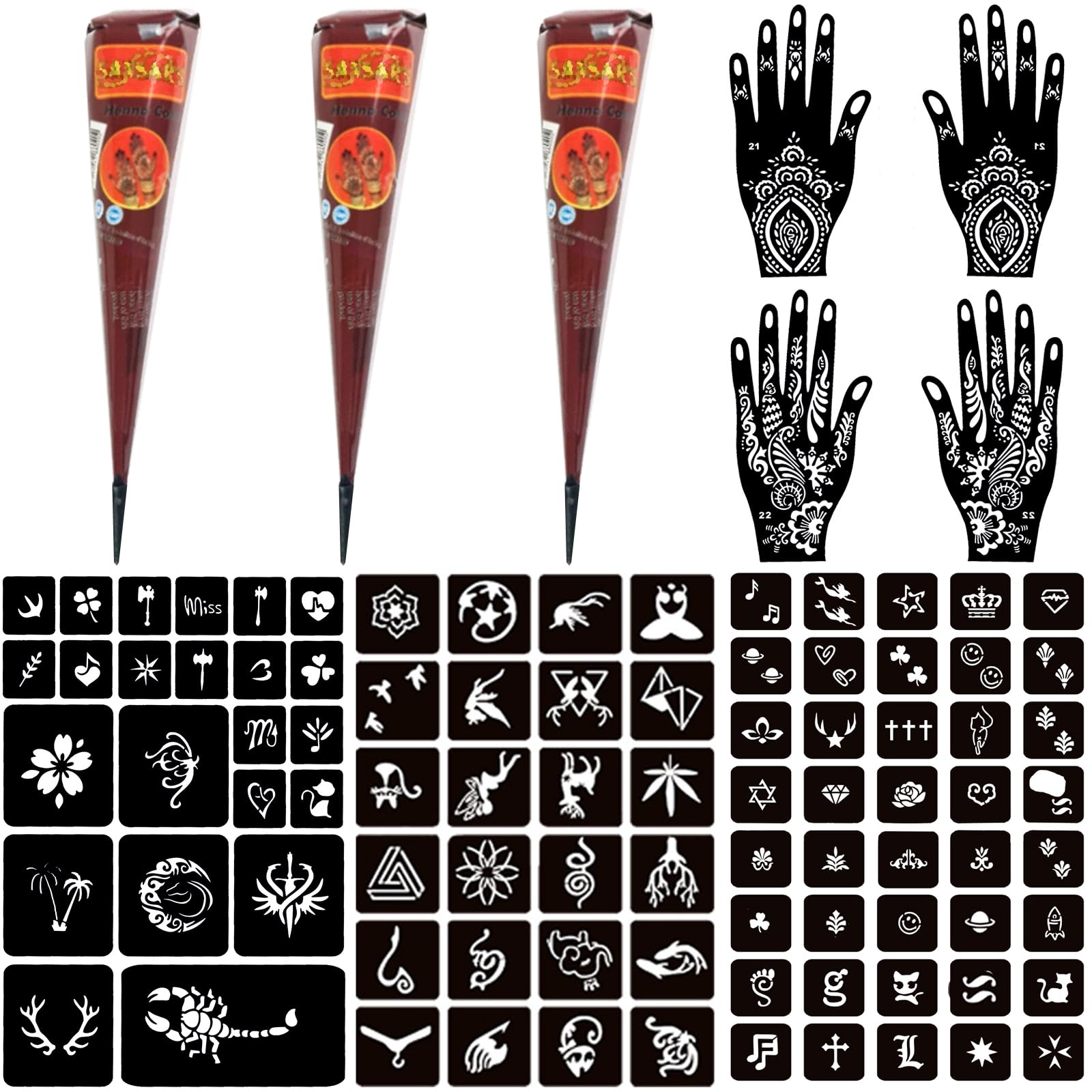 Moricher Temporary Tattoo Kits 3 Henna tattoo cones 101 Stencils Semi Permanent Tattoo Markers Jagua Gel for Women Men Kids DIY Art Painting Party Gifts